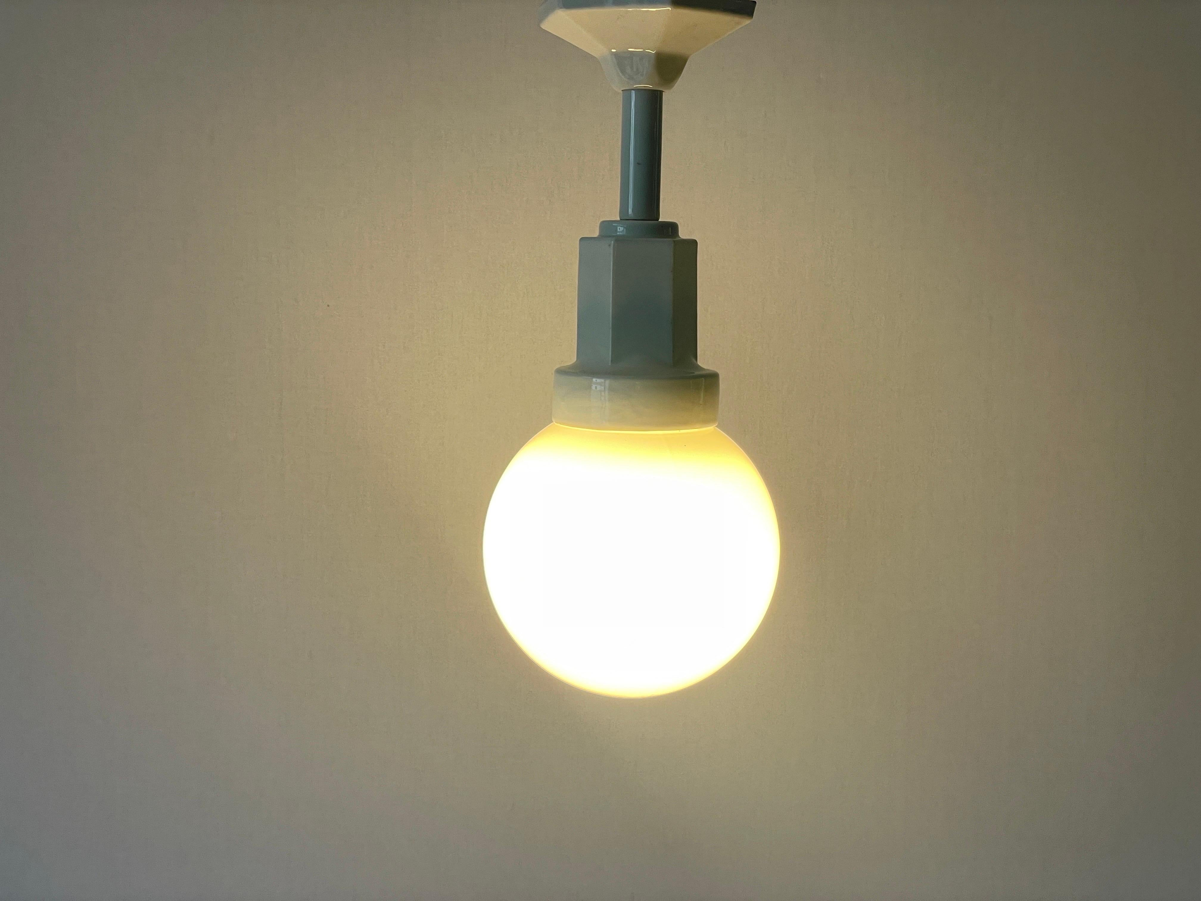 Art Deco Glass Ball and White Ceramic Body Pendant Lamp, 1950s, Italy For Sale 5