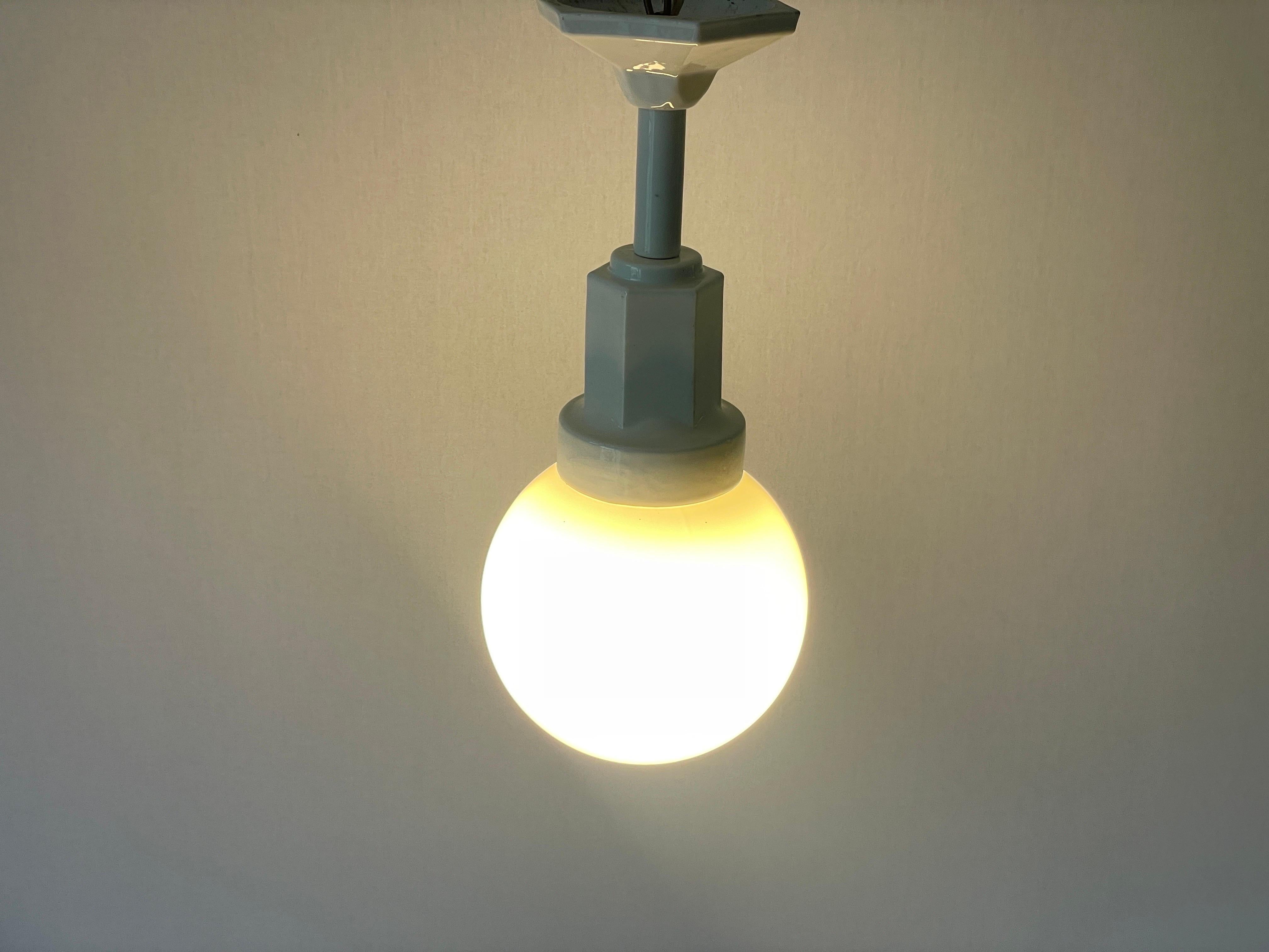Art Deco Glass Ball and White Ceramic Body Pendant Lamp, 1950s, Italy For Sale 6