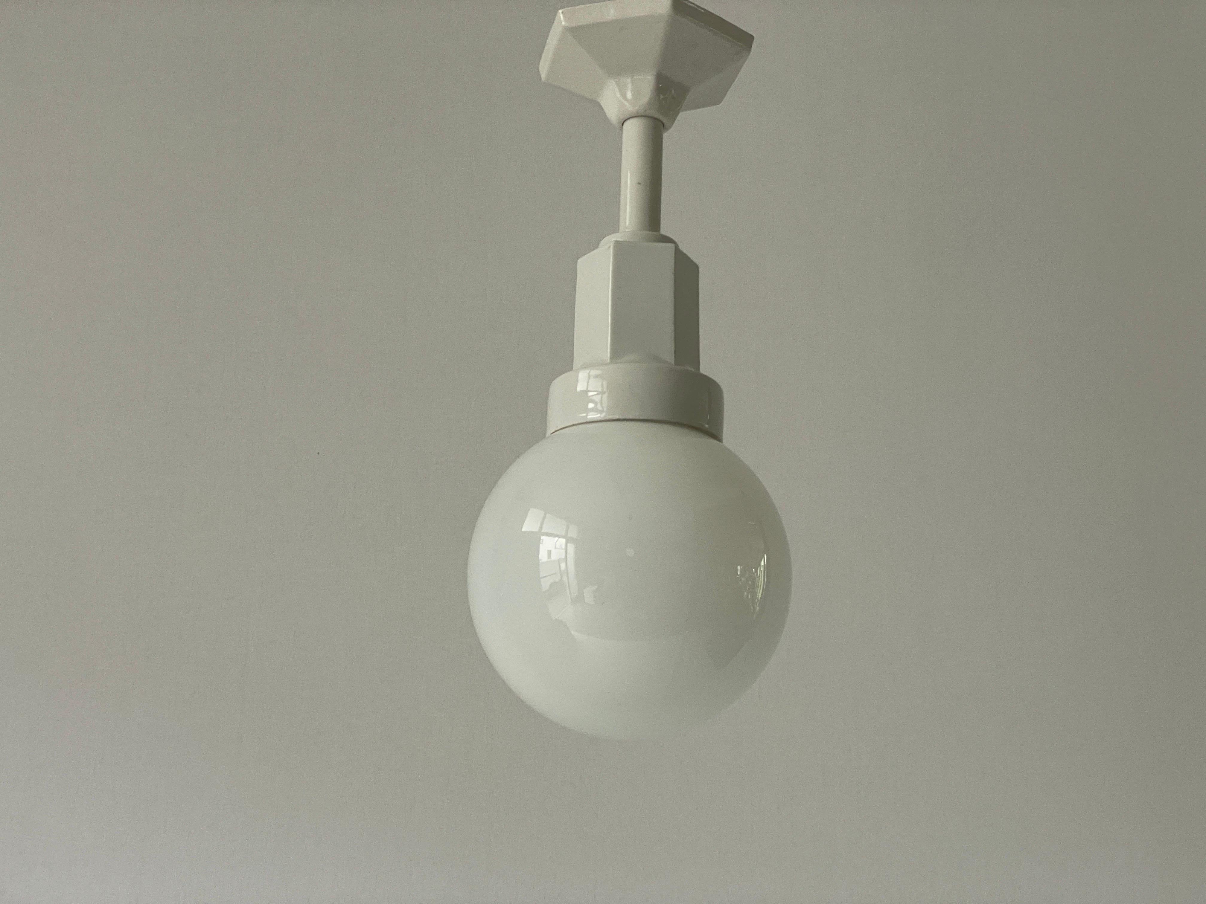 German Art Deco Glass Ball and White Ceramic Body Pendant Lamp, 1950s, Italy For Sale
