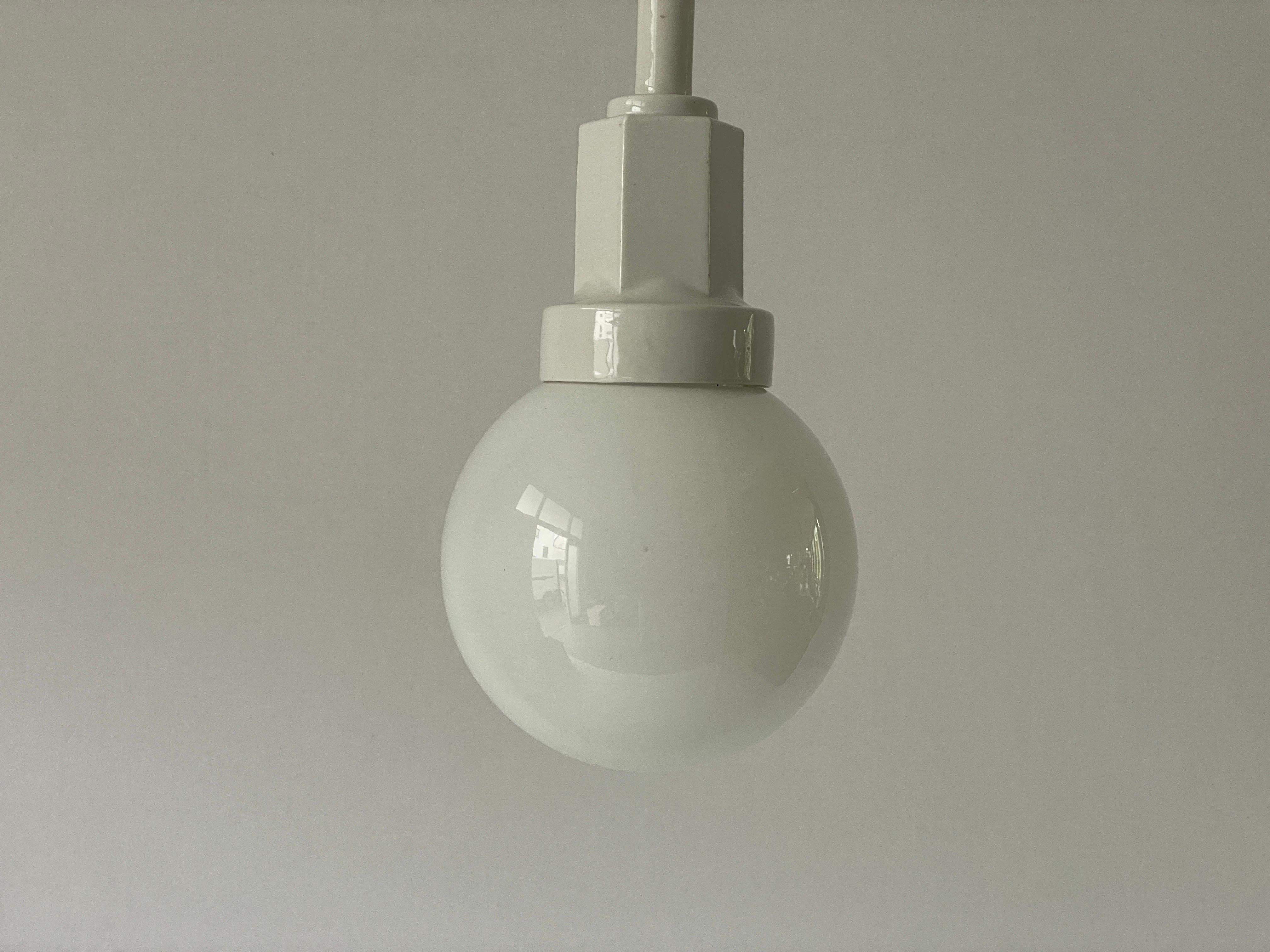 Art Deco Glass Ball and White Ceramic Body Pendant Lamp, 1950s, Italy For Sale 1