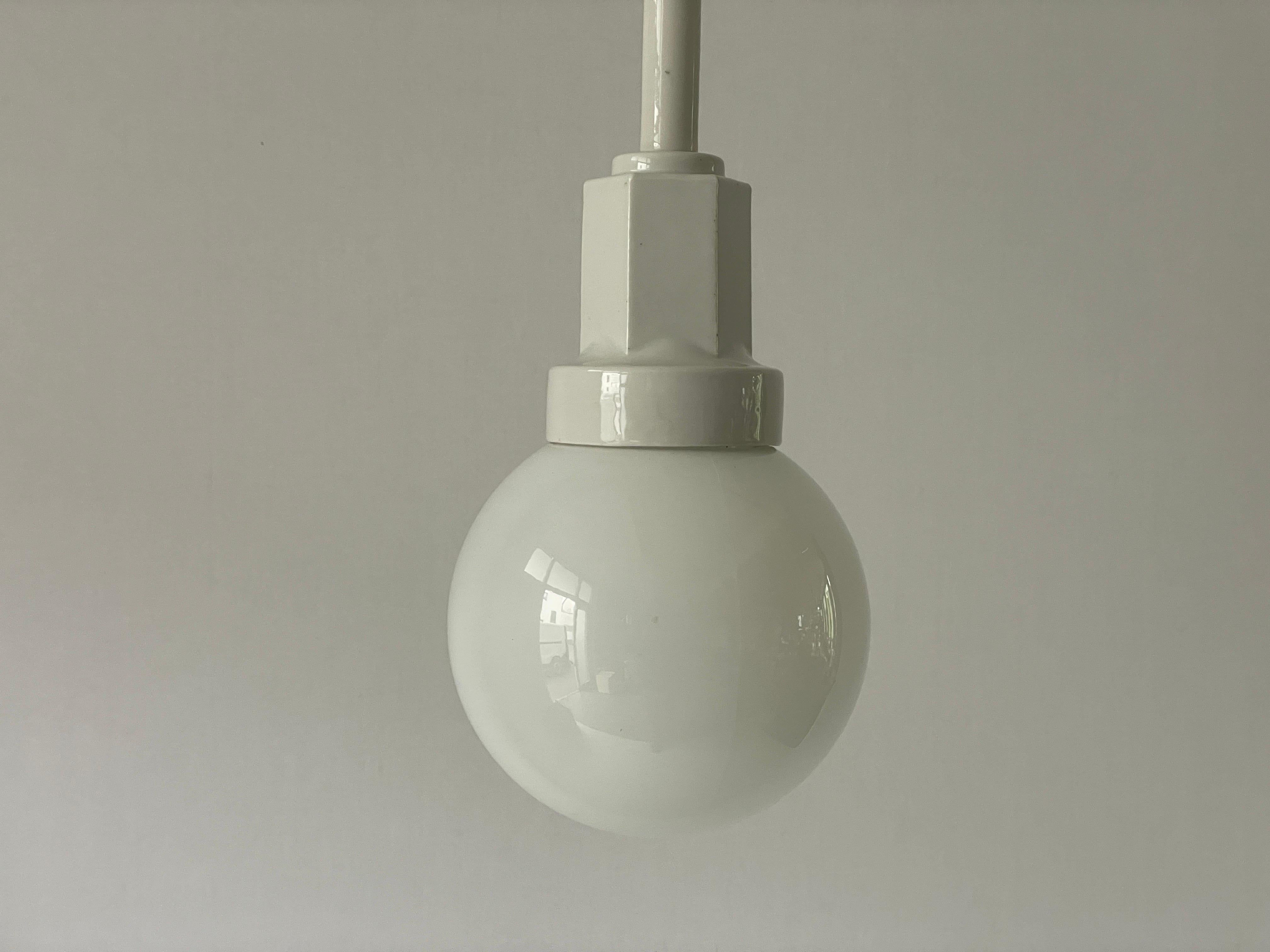 Art Deco Glass Ball and White Ceramic Body Pendant Lamp, 1950s, Italy For Sale 4