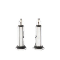 Chenets Art Déco boule en verre, chrome poli et émail noir de Donald Deskey