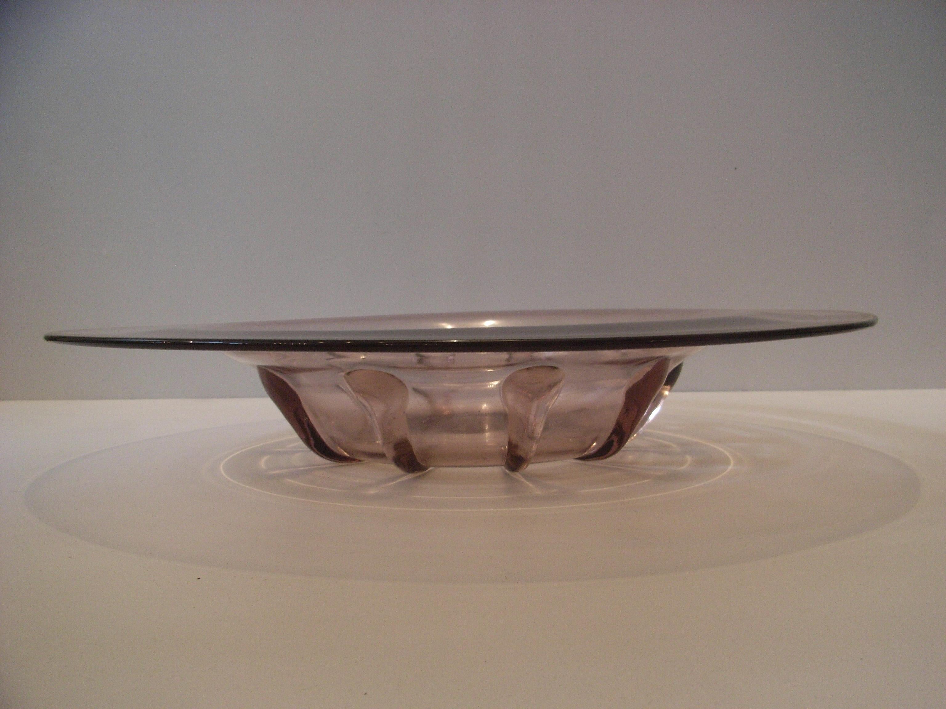 Art Deco large decorative glass bowl in blush pink, signed Verlys.