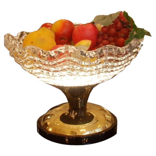 Art Deco Glass Bowl with Illuminated Brass Base, Crystal, 1930, France For Sale