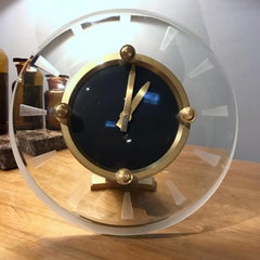 Art Deco Glass & Brass Clock by JAZ Modele Depose, 8 Day Reserve, 1930s, France