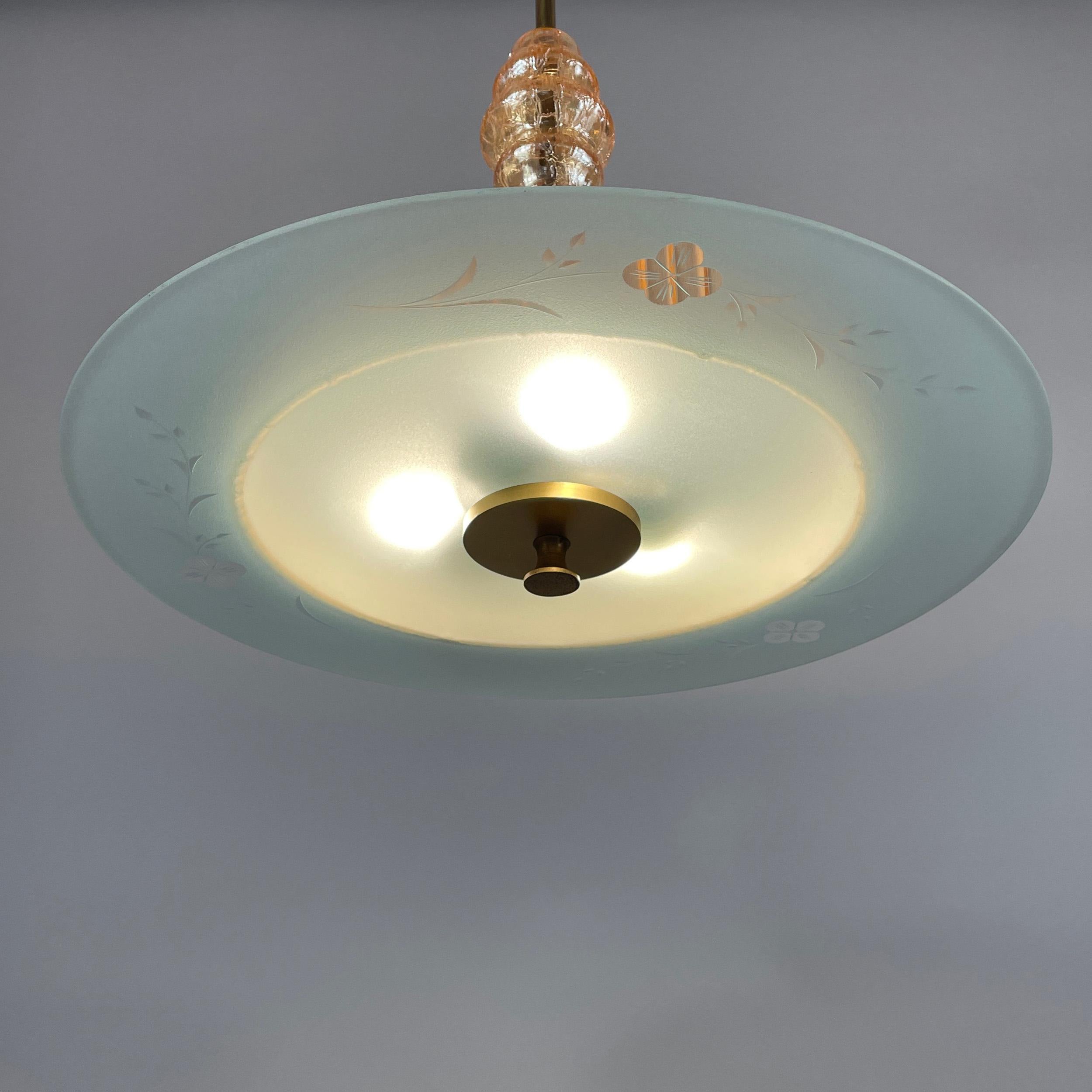Art Deco Glass, Brass & Fabric Pendant, Sweden 1930s For Sale 6