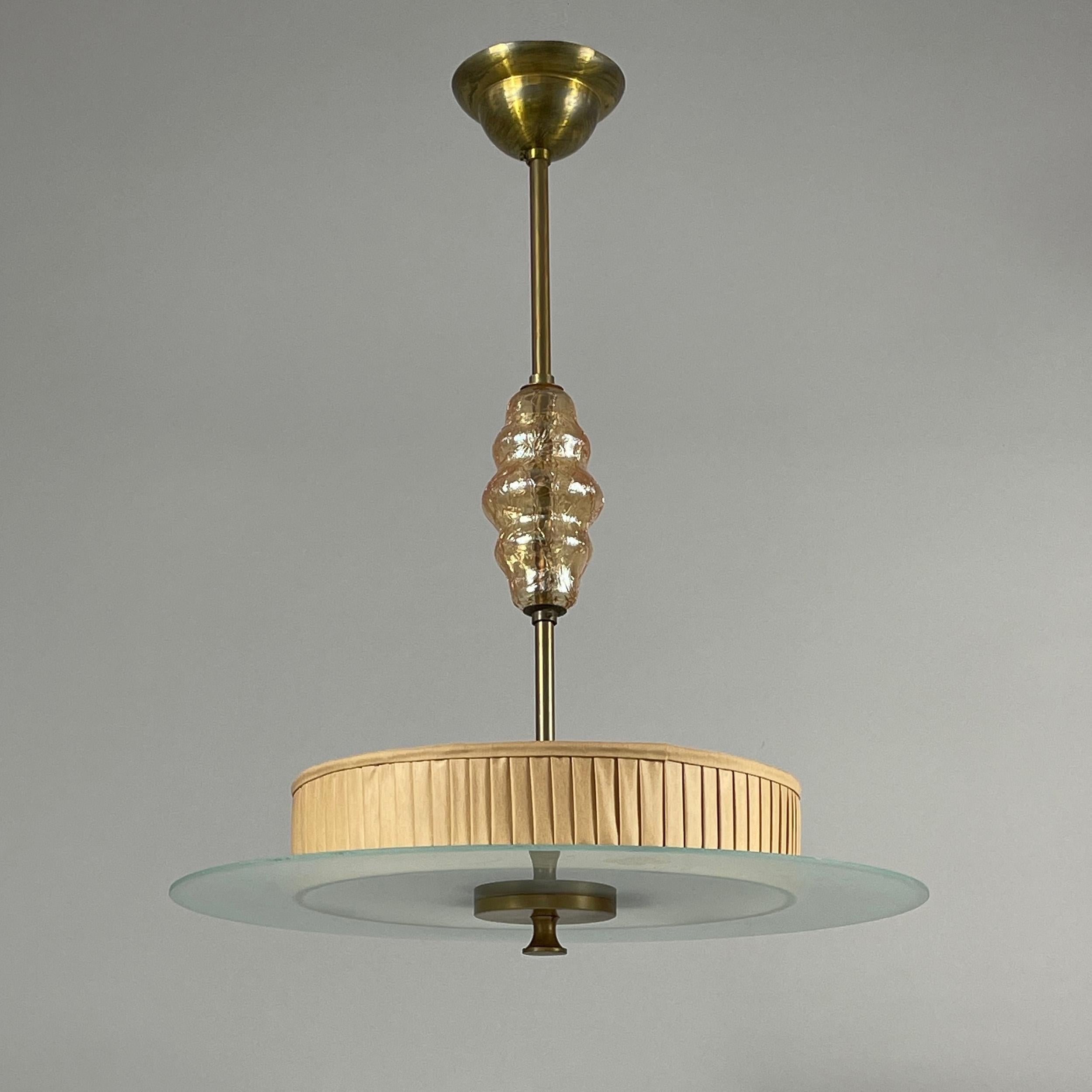 Art Deco Glass, Brass & Fabric Pendant, Sweden 1930s For Sale 7