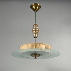 Art-Déco-Pendelleuchte aus Glas, Messing und Stoff, Schweden 1930er Jahre