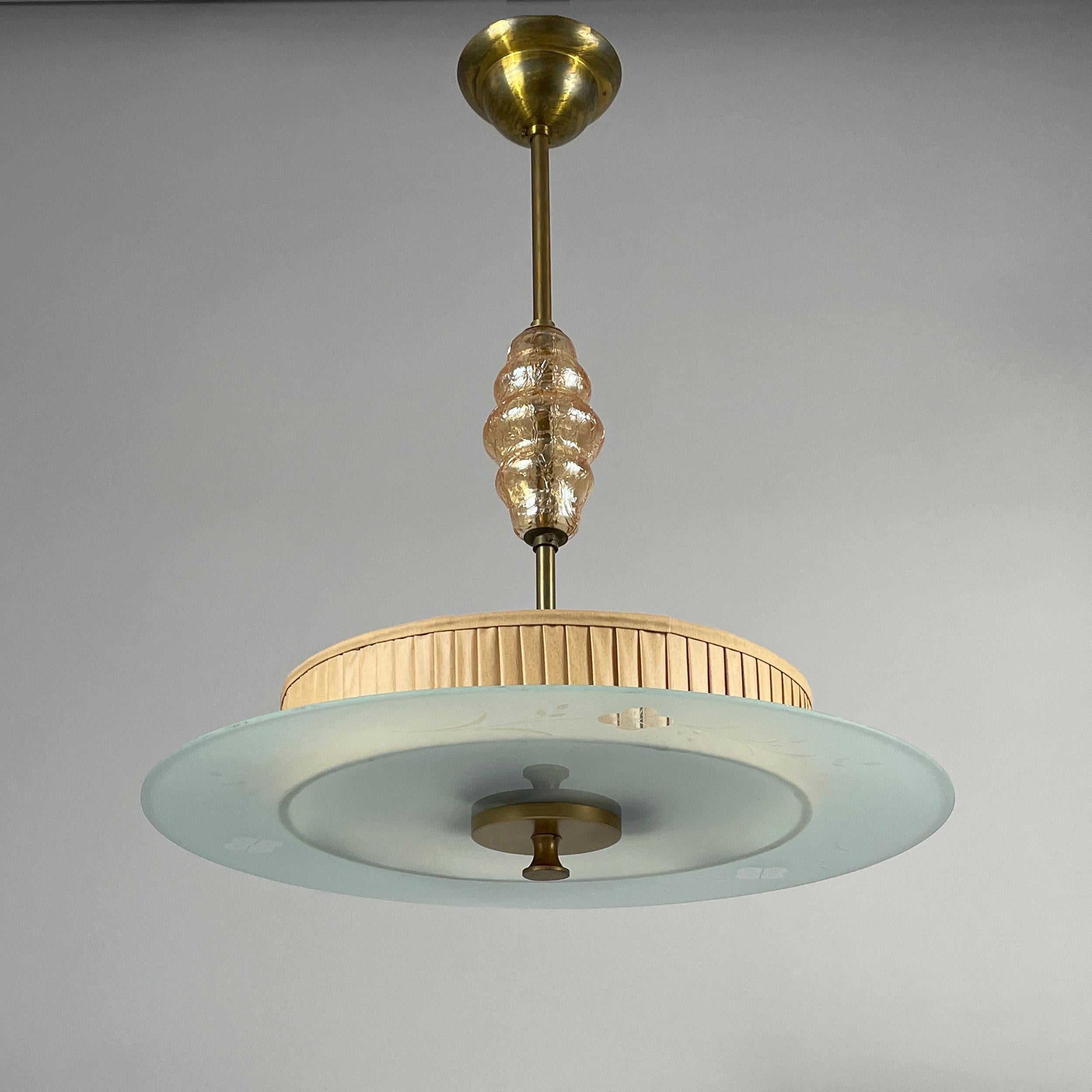 Swedish Art Deco Glass, Brass & Fabric Pendant, Sweden 1930s For Sale