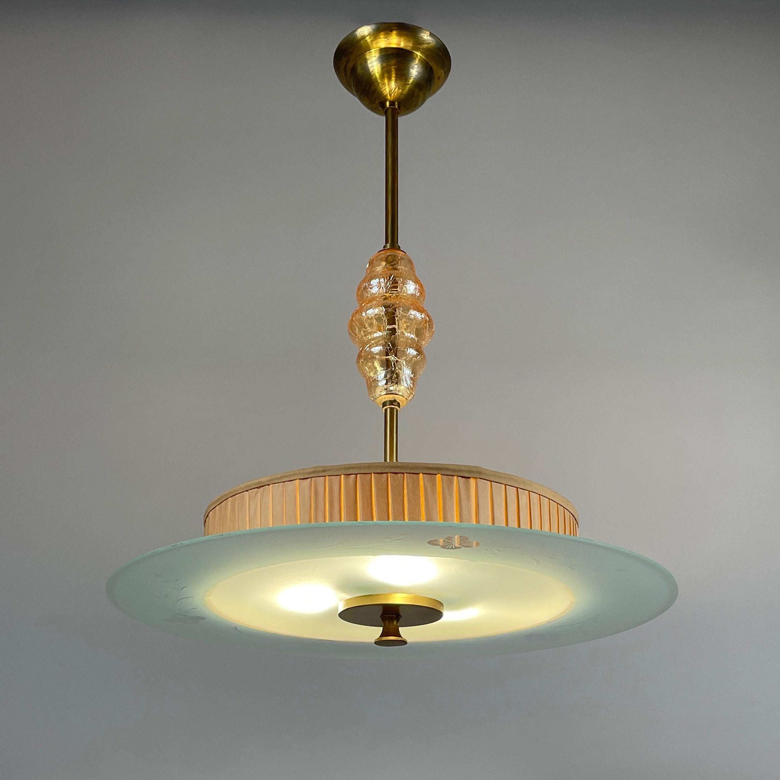 Patinated Art Deco Glass, Brass & Fabric Pendant, Sweden 1930s For Sale