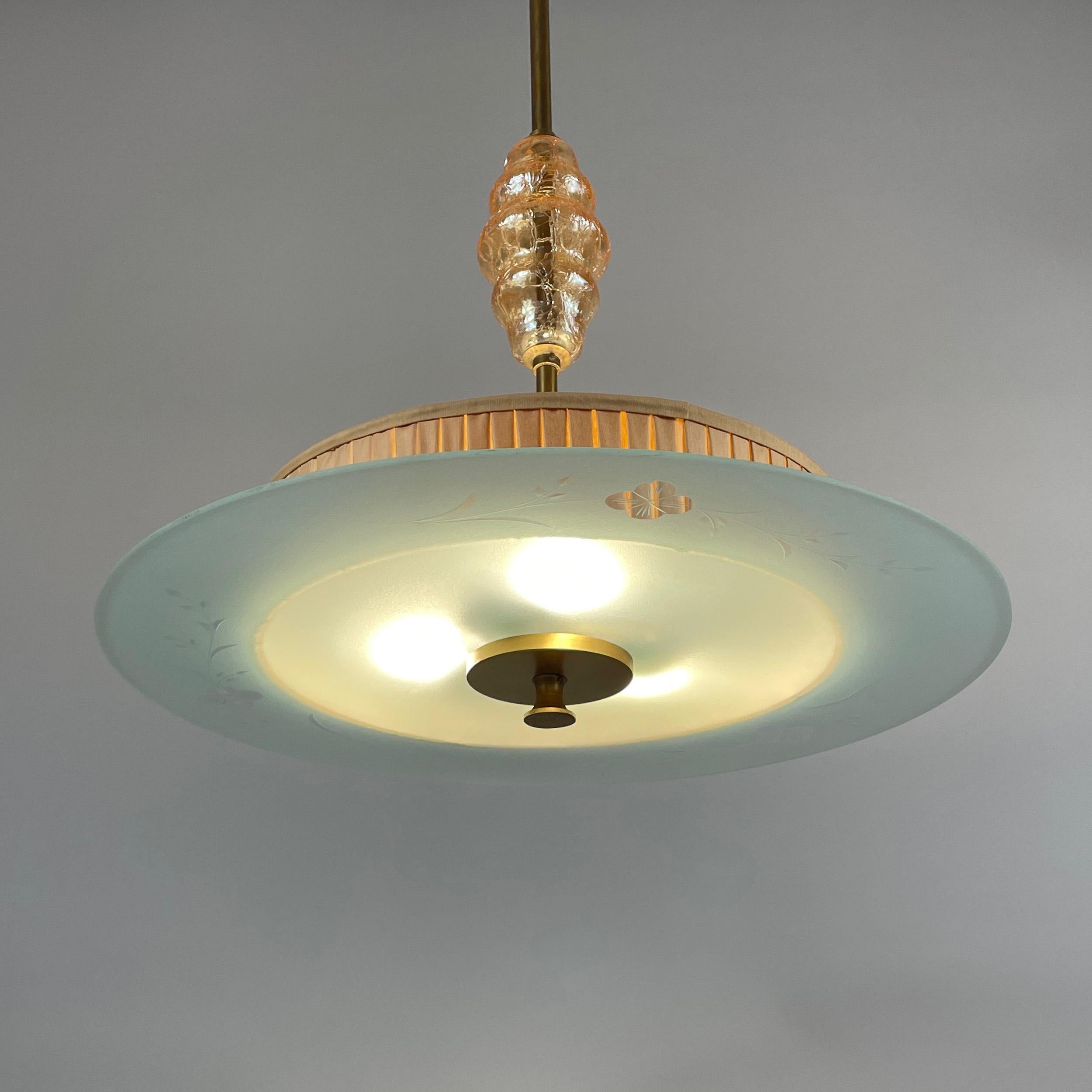 Art Deco Glass, Brass & Fabric Pendant, Sweden 1930s In Good Condition For Sale In NUEMBRECHT, NRW