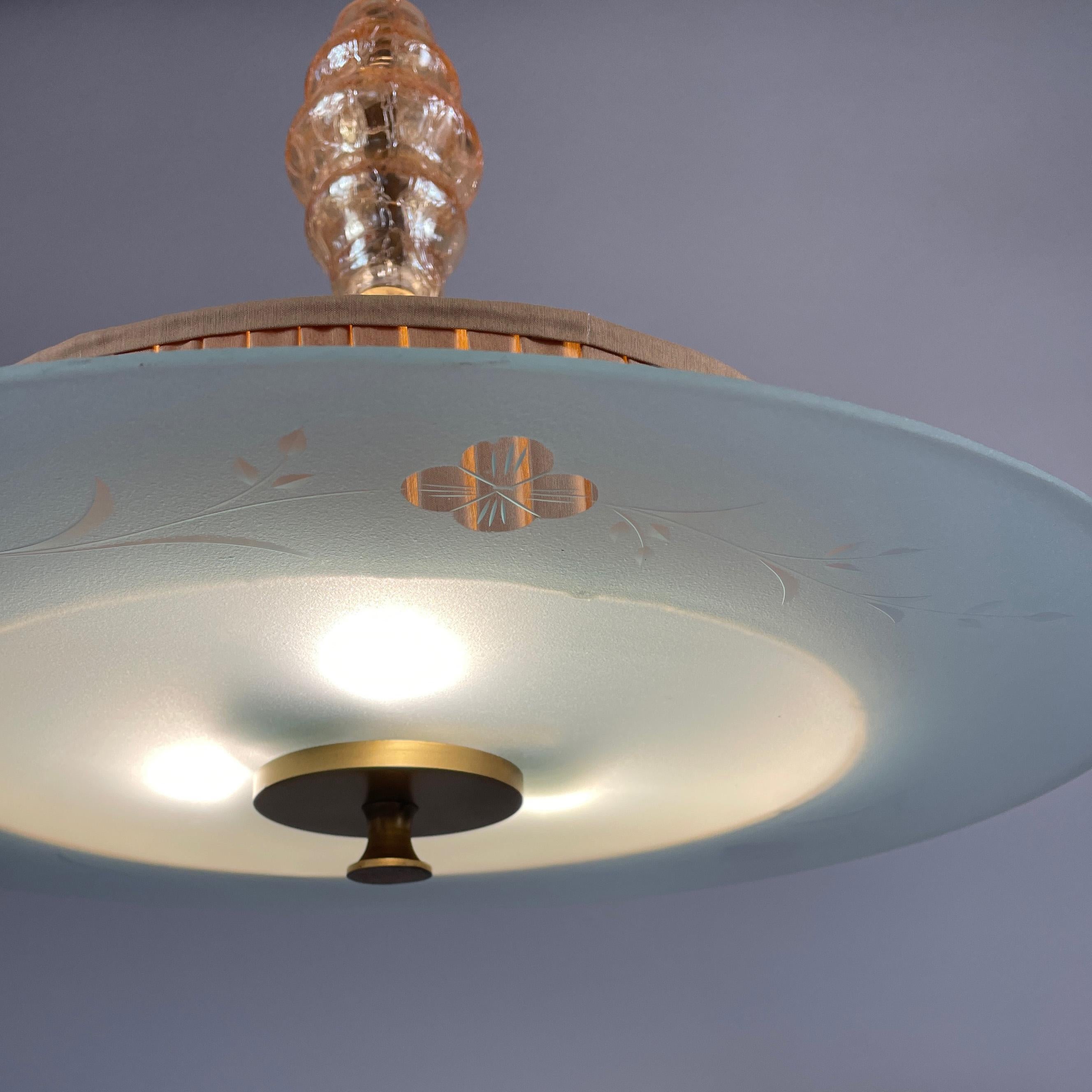 Mid-20th Century Art Deco Glass, Brass & Fabric Pendant, Sweden 1930s For Sale