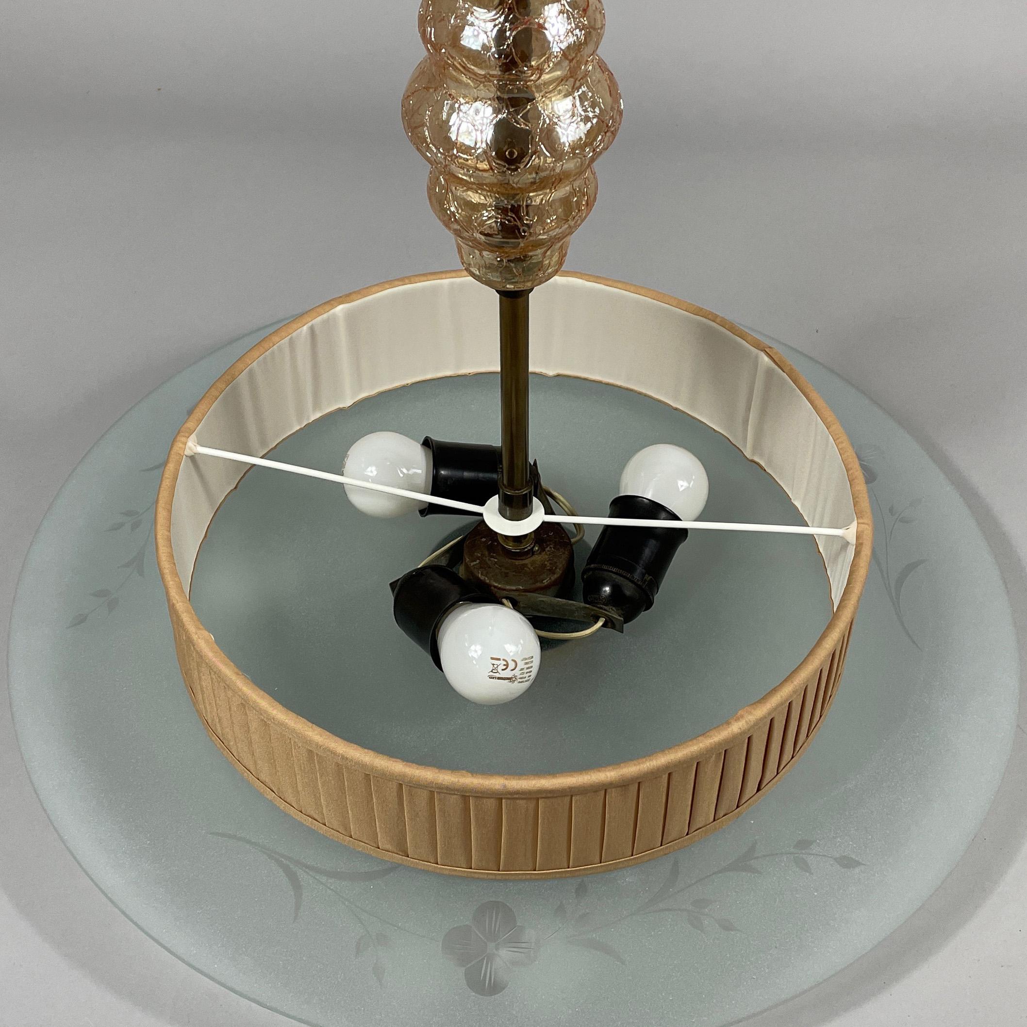 Art Deco Glass, Brass & Fabric Pendant, Sweden 1930s For Sale 1