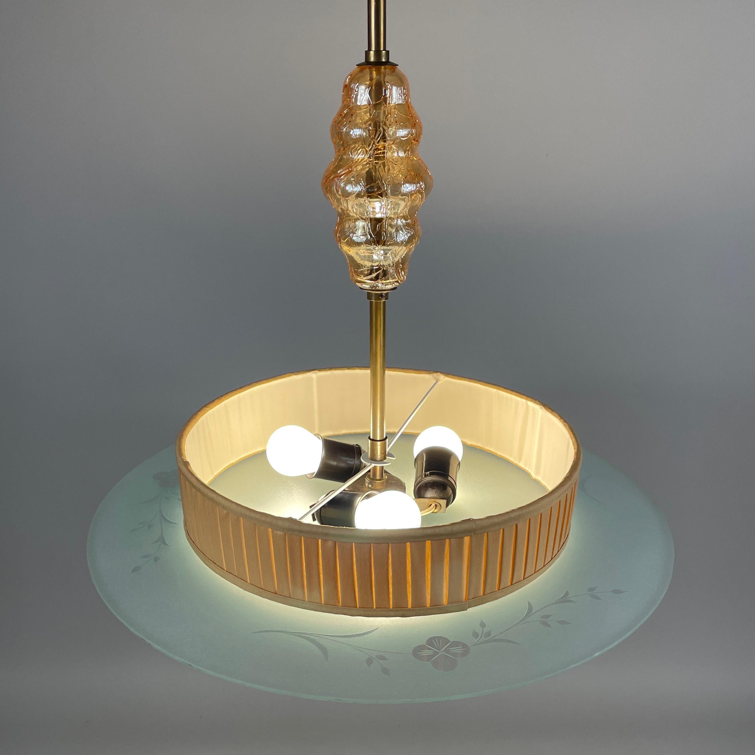 Art Deco Glass, Brass & Fabric Pendant, Sweden 1930s For Sale 2