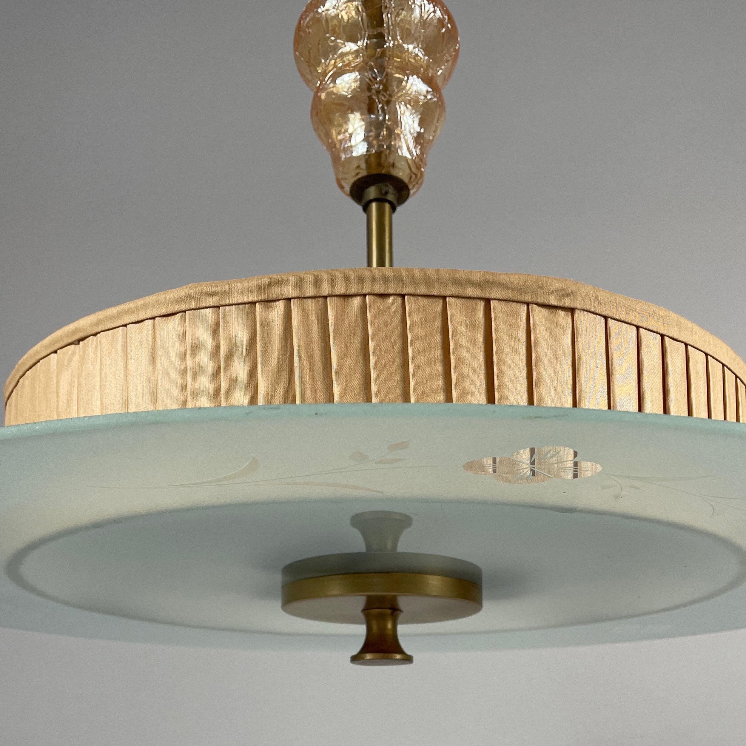 Art Deco Glass, Brass & Fabric Pendant, Sweden 1930s For Sale 3