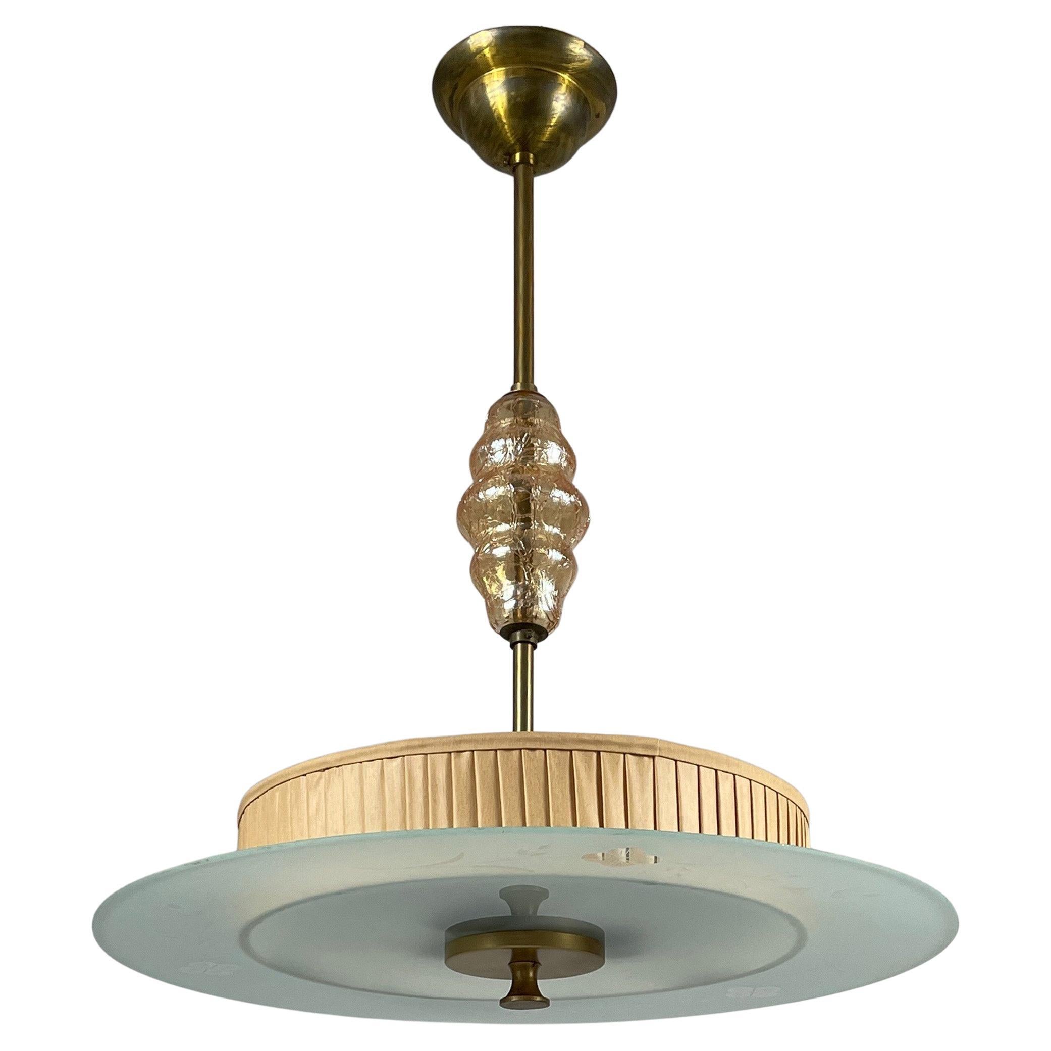 Art Deco Glass, Brass & Fabric Pendant, Sweden 1930s