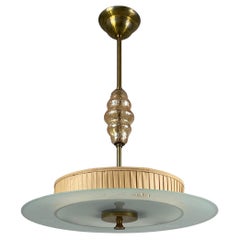 Art Deco Glass, Brass & Fabric Pendant, Sweden 1930s