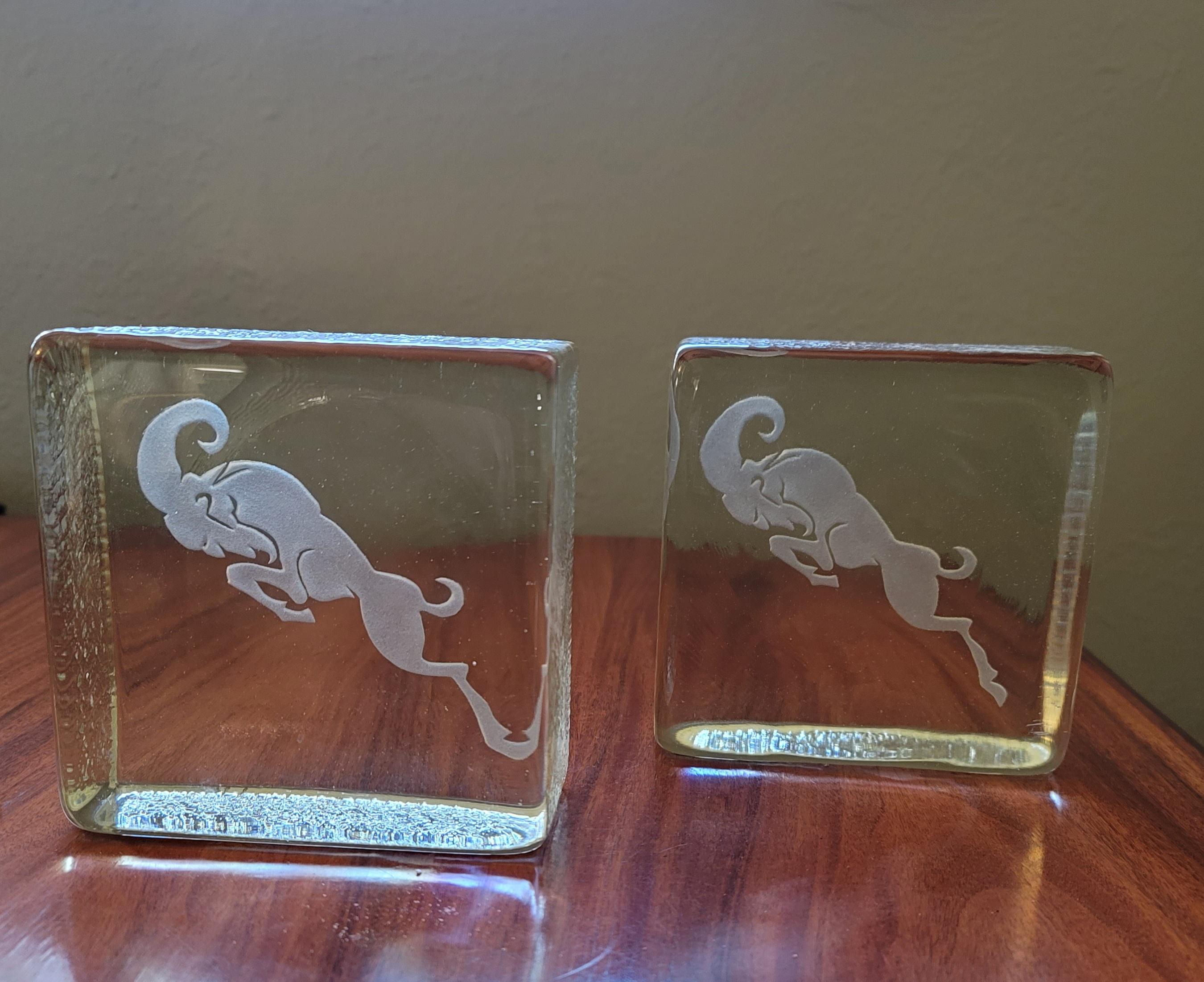 Modernist Art Deco thick glass textured figural etched glass bookends. Figural ram is etched in frosted glass.