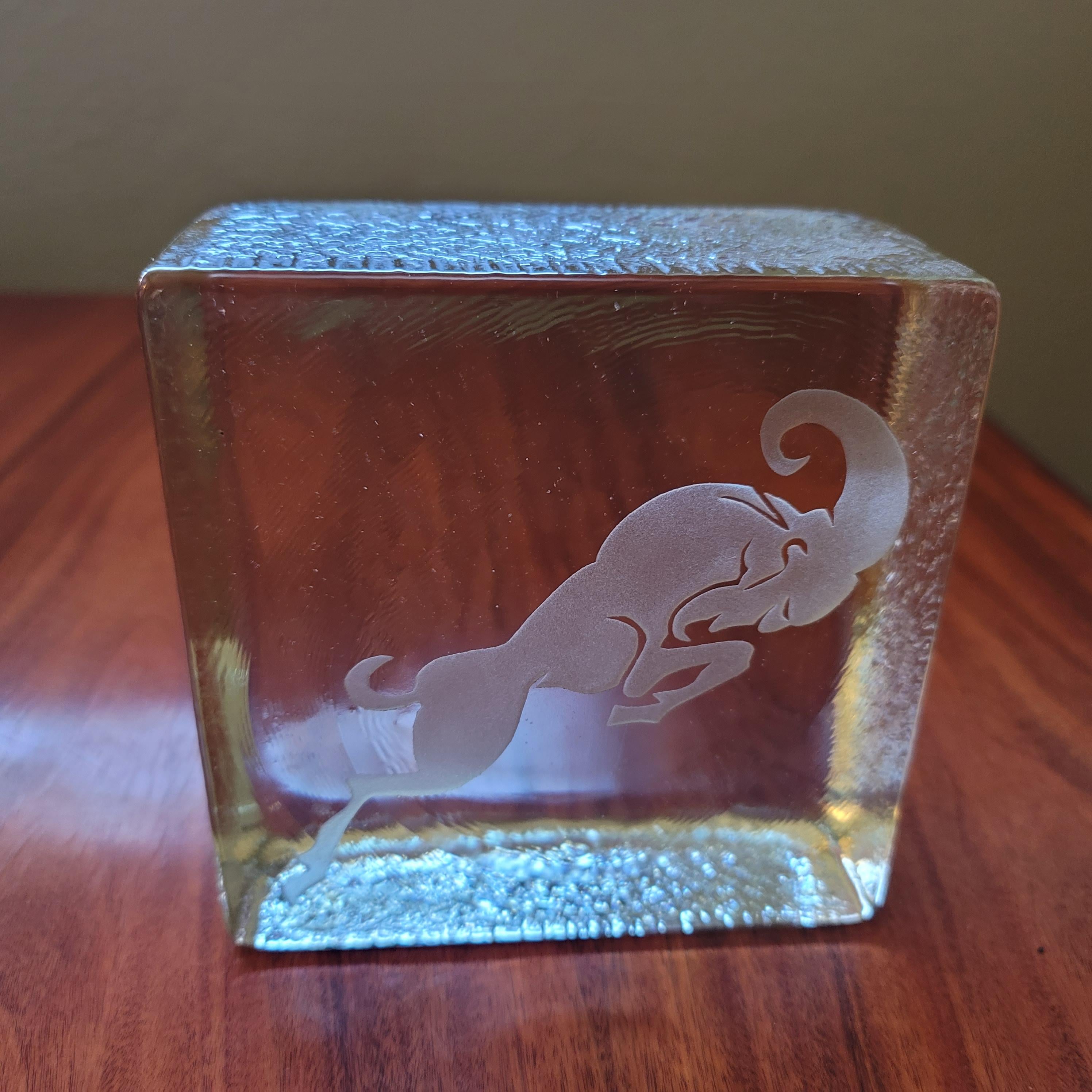 Art Deco Glass Brick Figural Etched Ram Bookends In Good Condition In Littleton, CO