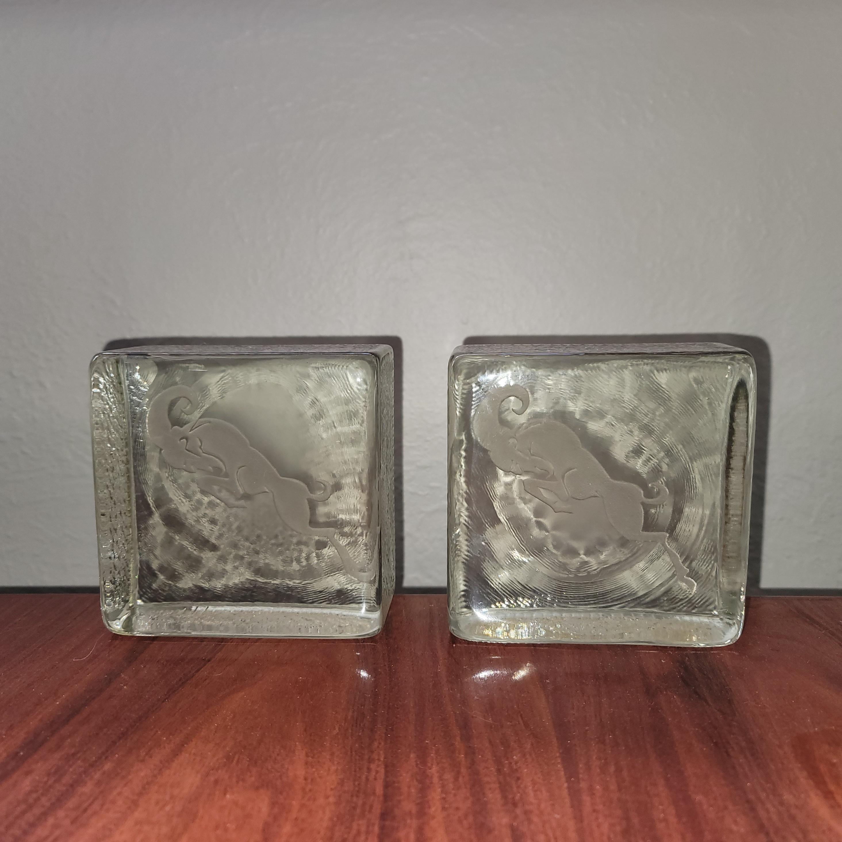 Mid-20th Century Art Deco Glass Brick Figural Etched Ram Bookends