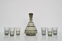 Glaskaraffe im Art-déco-Stil mit sechs Gläsern, Böhmen, 1930er Jahre