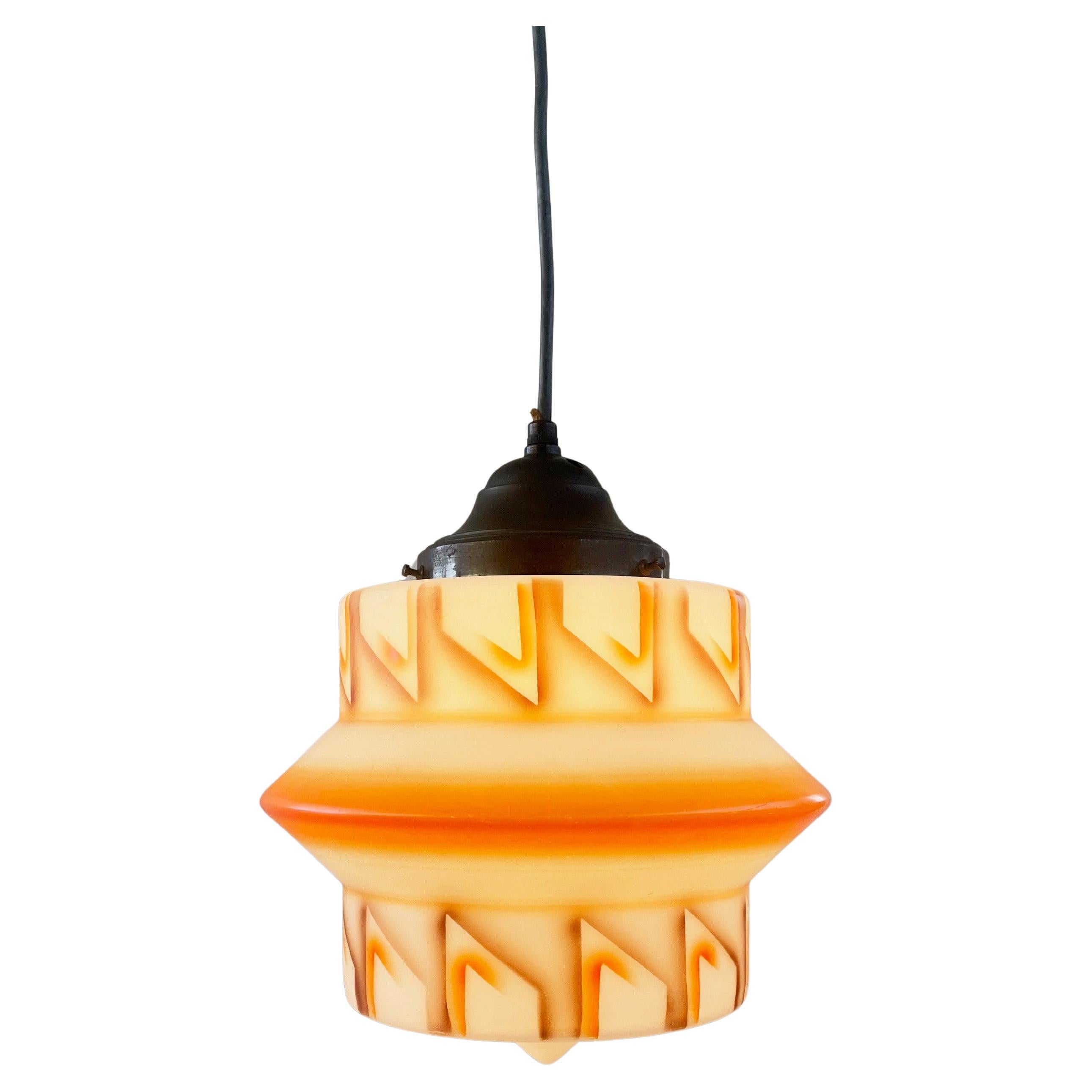 Art Deco Glass Ceiling Lamp, Orange and Frosted White & Brass, 1930s Germany