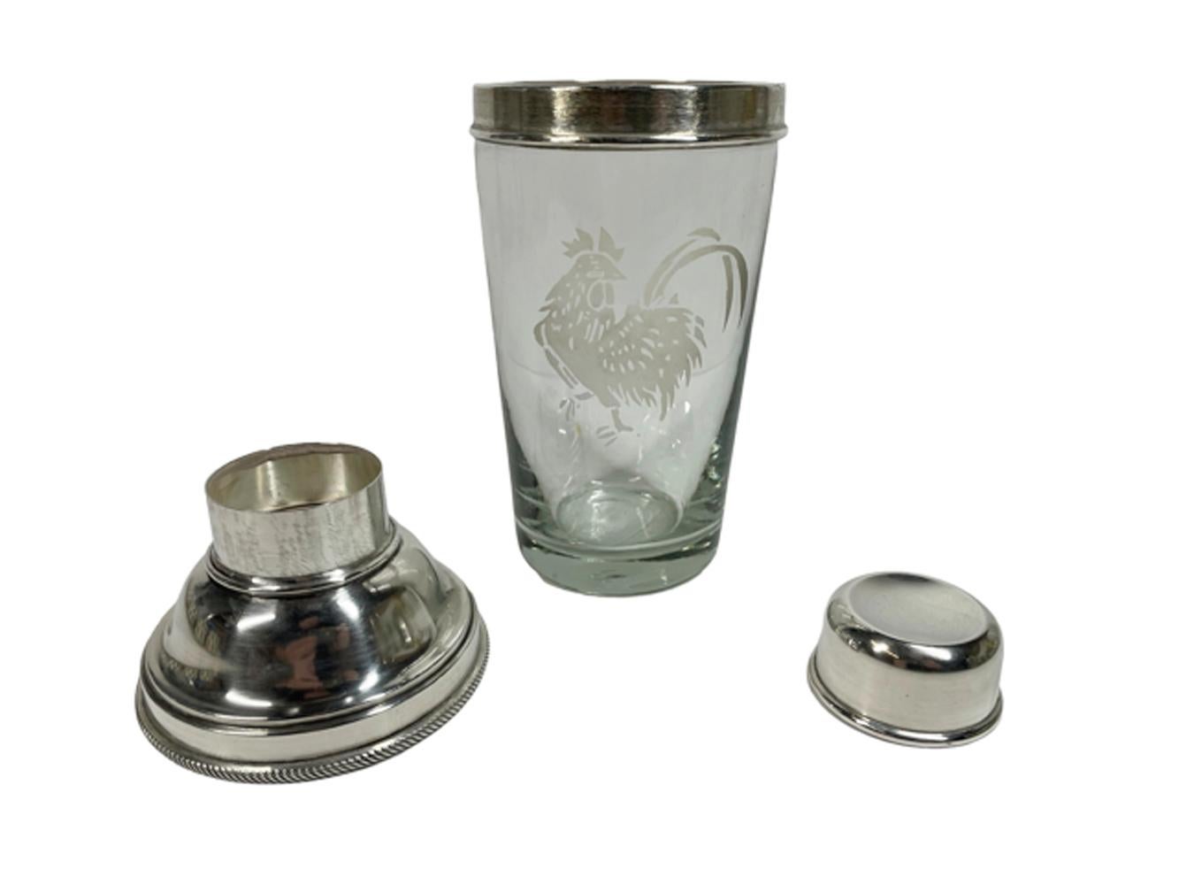 English Art Deco Glass Cocktail Shaker w/Etched Rooster and Silver Plate Top J. Dixon  For Sale