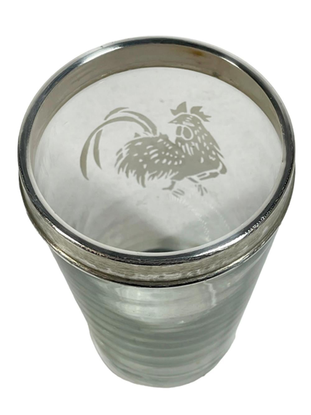Art Deco Glass Cocktail Shaker w/Etched Rooster and Silver Plate Top J. Dixon  In Good Condition For Sale In Chapel Hill, NC