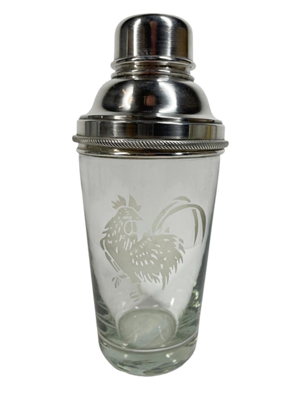 Art Deco Glass Cocktail Shaker w/Etched Rooster and Silver Plate Top J. Dixon  For Sale 1