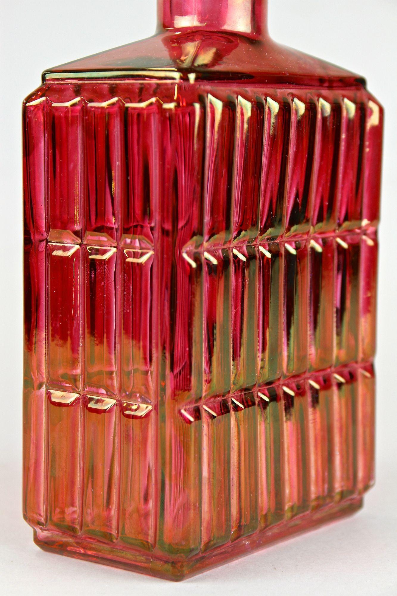 Art Deco Glass Decanter/ Liquor Bottle, Red/ Gold Iridescent, Austria Ca. 1930 For Sale 9