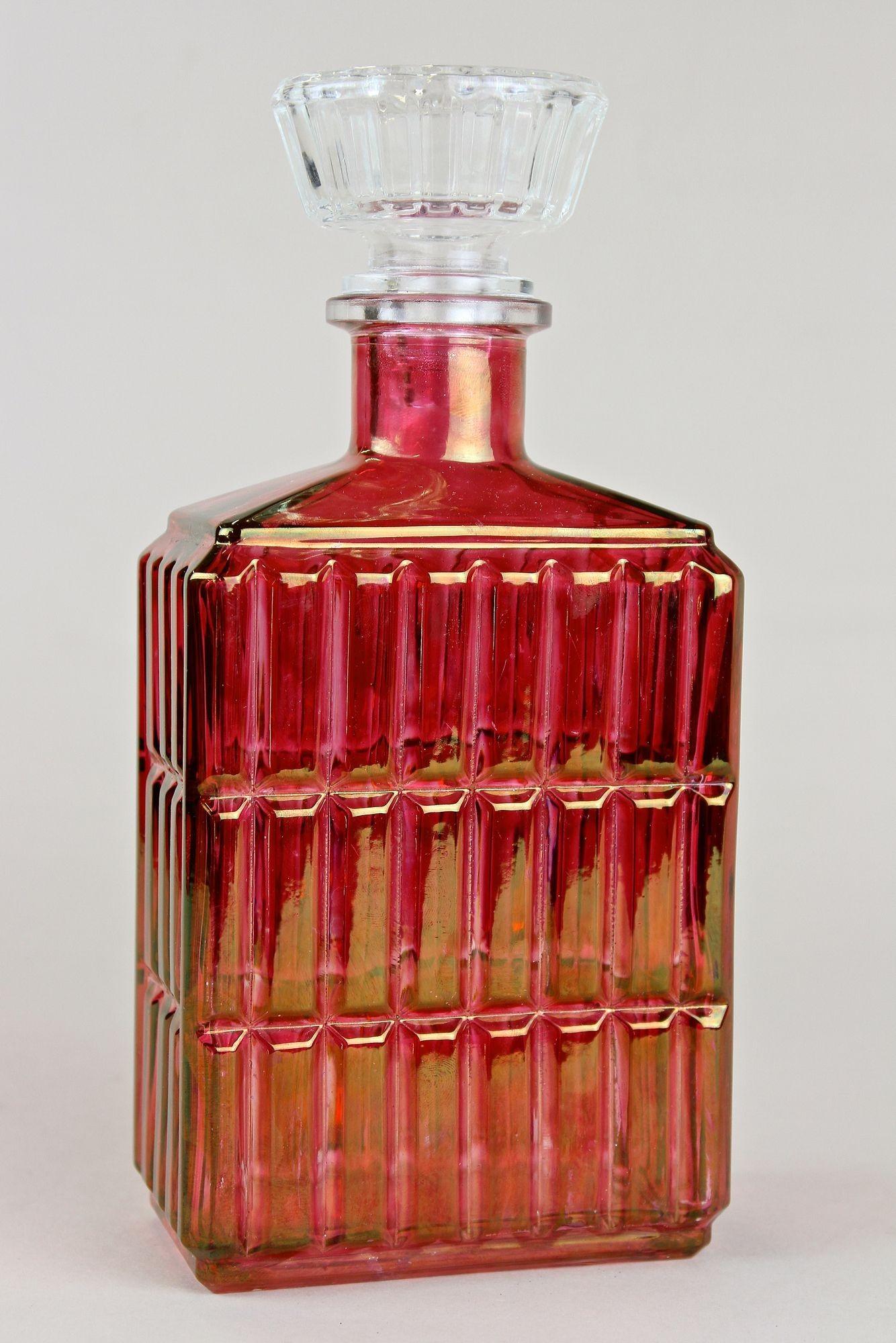 Art Deco Glass Decanter/ Liquor Bottle, Red/ Gold Iridescent, Austria Ca. 1930 For Sale 10