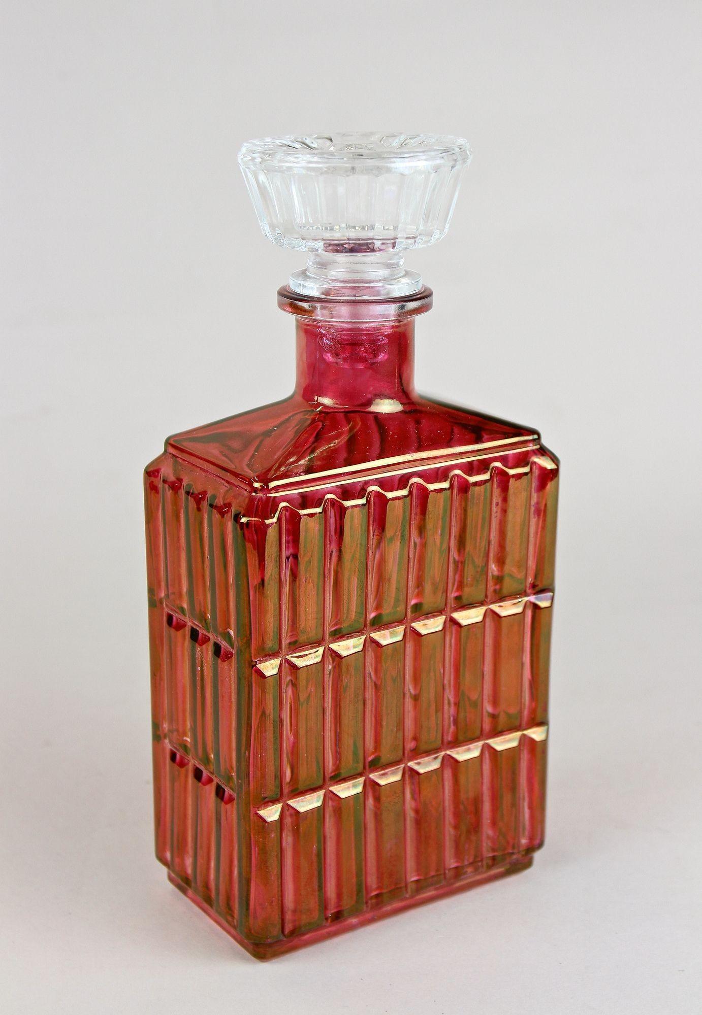 Art Deco Glass Decanter/ Liquor Bottle, Red/ Gold Iridescent, Austria Ca. 1930 For Sale 11