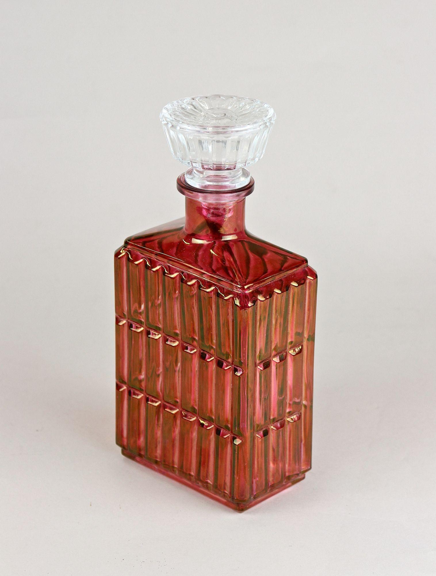 Art Deco Glass Decanter/ Liquor Bottle, Red/ Gold Iridescent, Austria Ca. 1930 For Sale 12