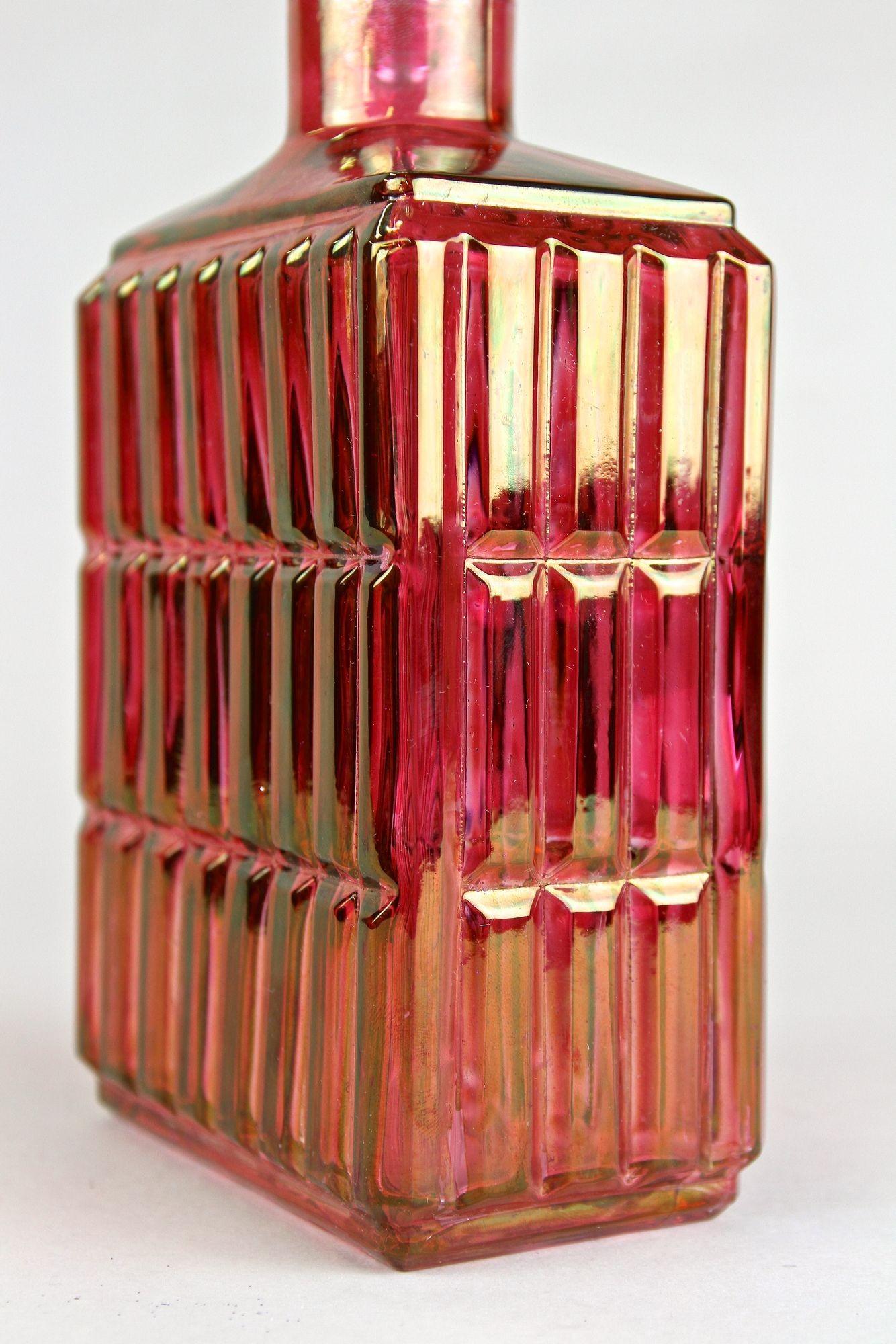 Art Deco Glass Decanter/ Liquor Bottle, Red/ Gold Iridescent, Austria Ca. 1930 For Sale 13