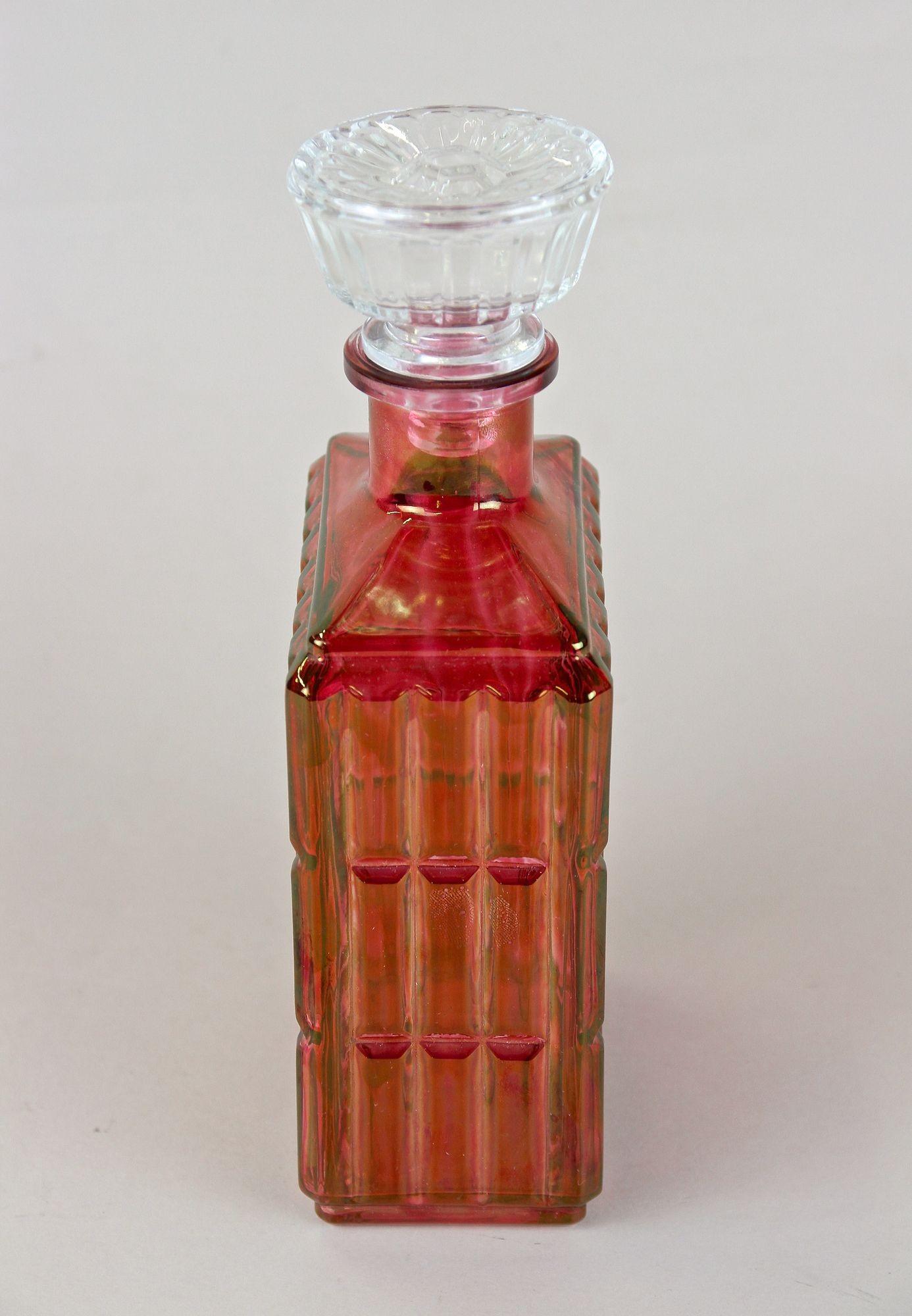 Austrian Art Deco Glass Decanter/ Liquor Bottle, Red/ Gold Iridescent, Austria Ca. 1930 For Sale