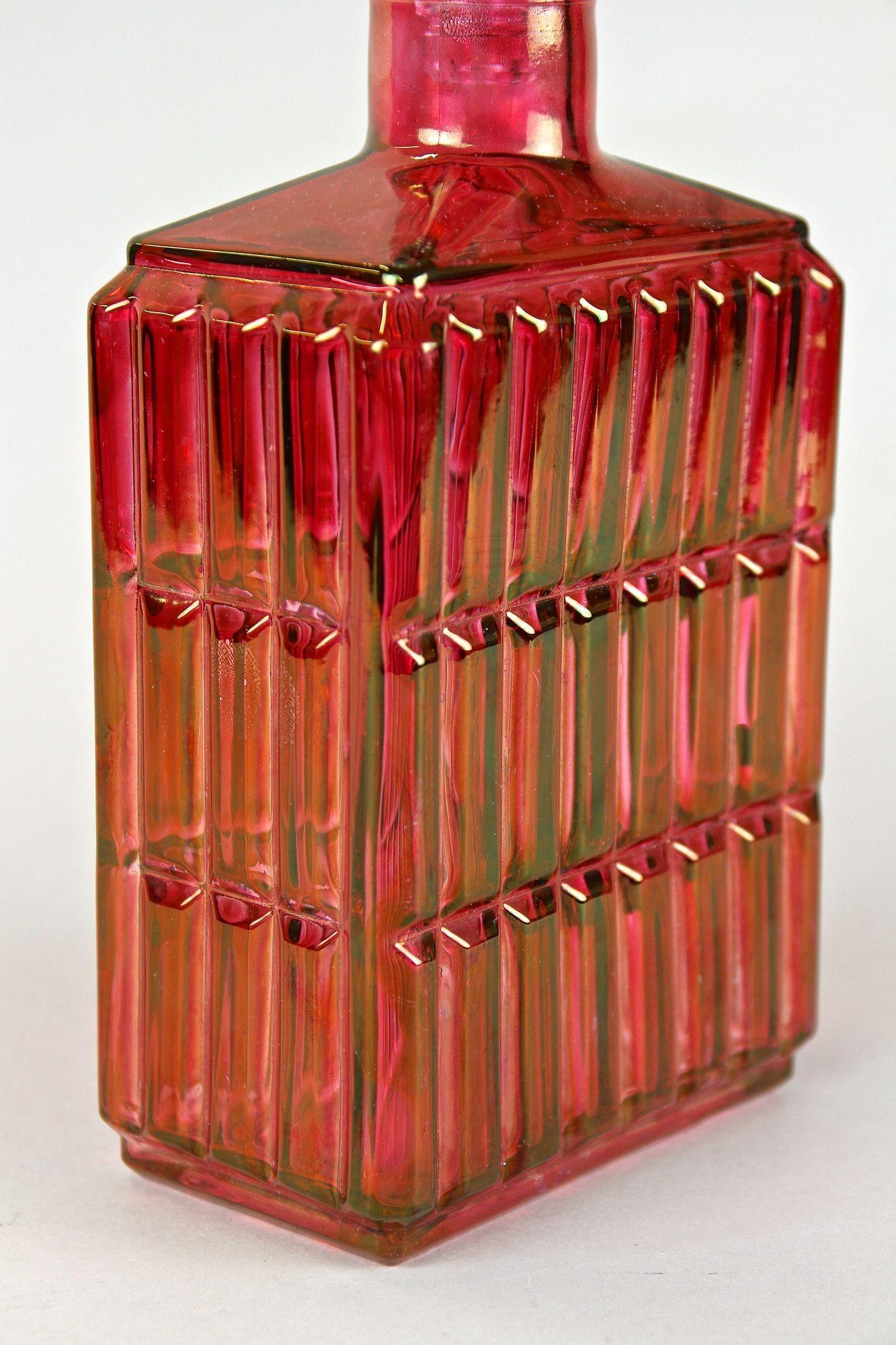 20th Century Art Deco Glass Decanter/ Liquor Bottle, Red/ Gold Iridescent, Austria Ca. 1930 For Sale