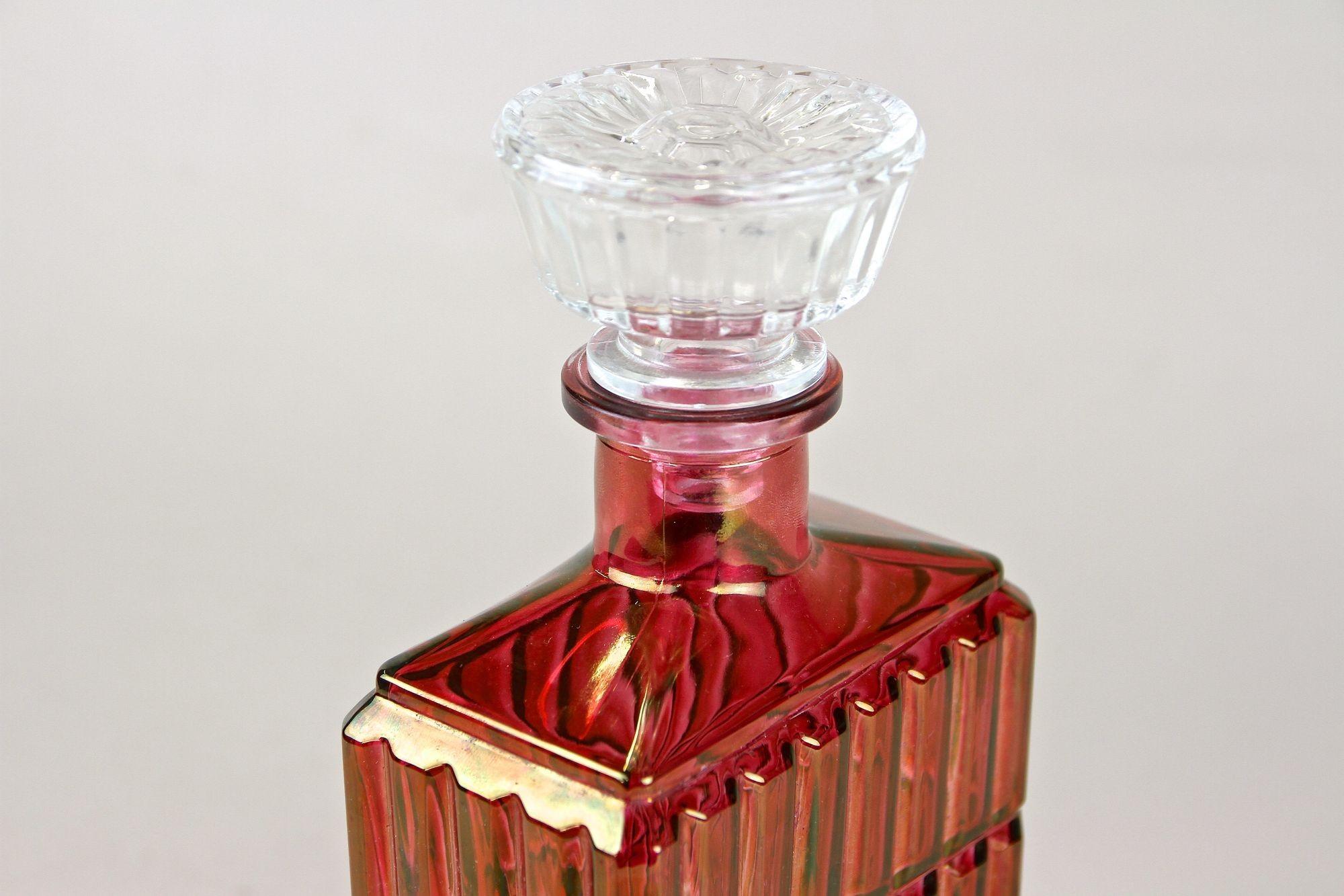 Art Deco Glass Decanter/ Liquor Bottle, Red/ Gold Iridescent, Austria Ca. 1930 2