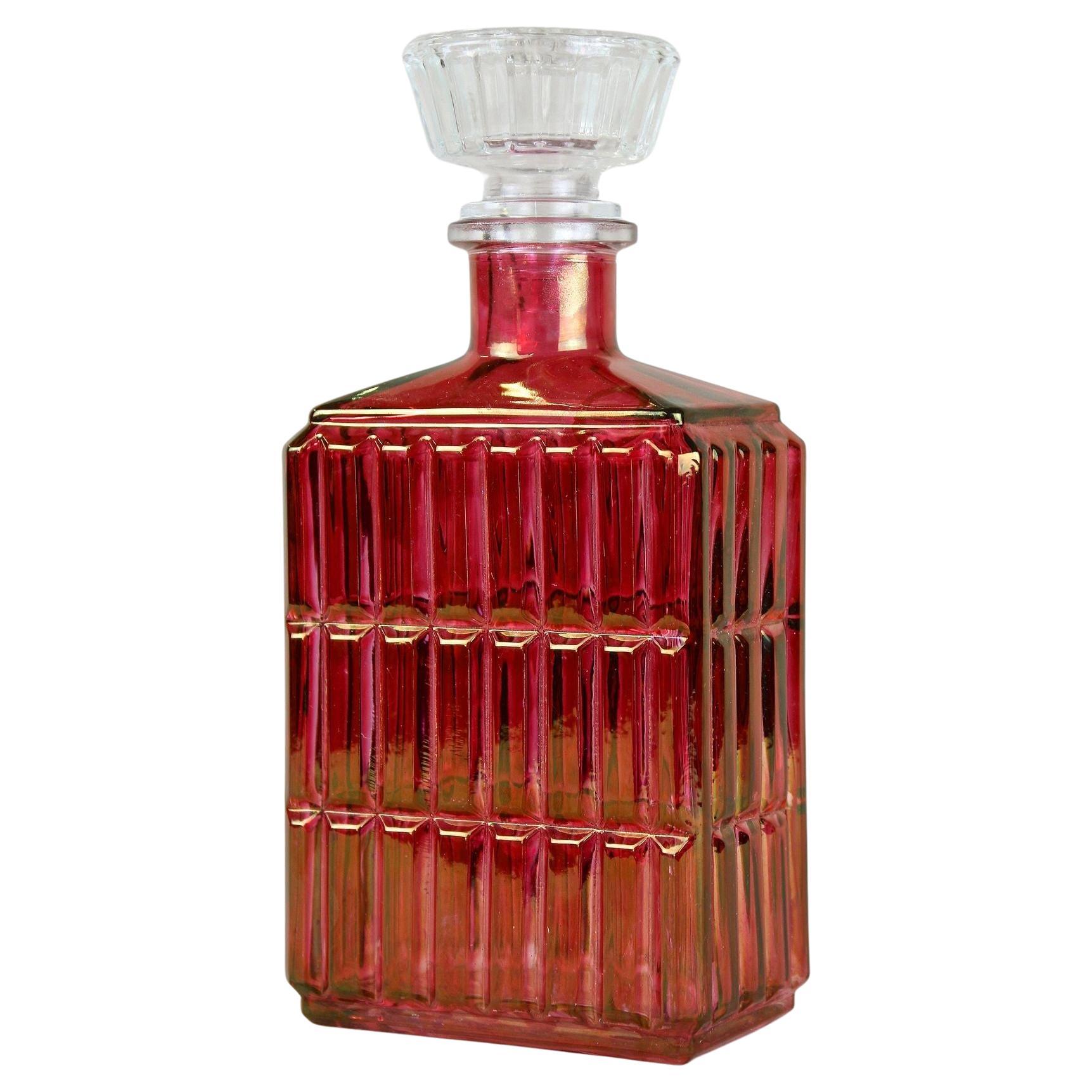 Art Deco Glass Decanter/ Liquor Bottle, Red/ Gold Iridescent, Austria Ca. 1930 For Sale