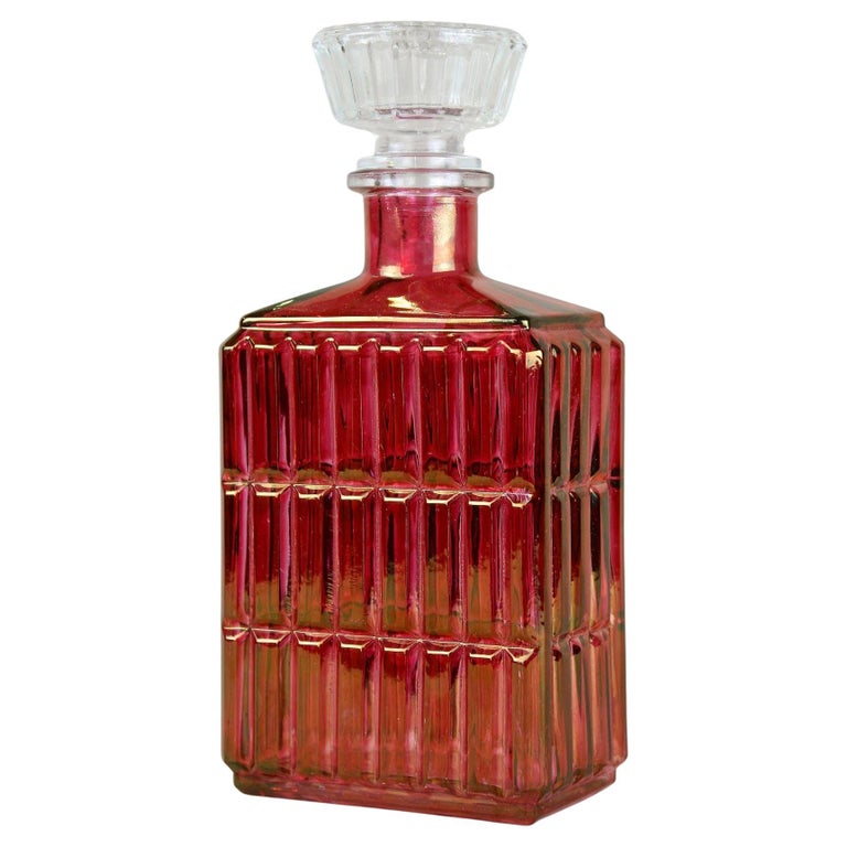 Art Deco Glass Decanter/ Liquor Bottle, Red/ Gold Iridescent, Austria