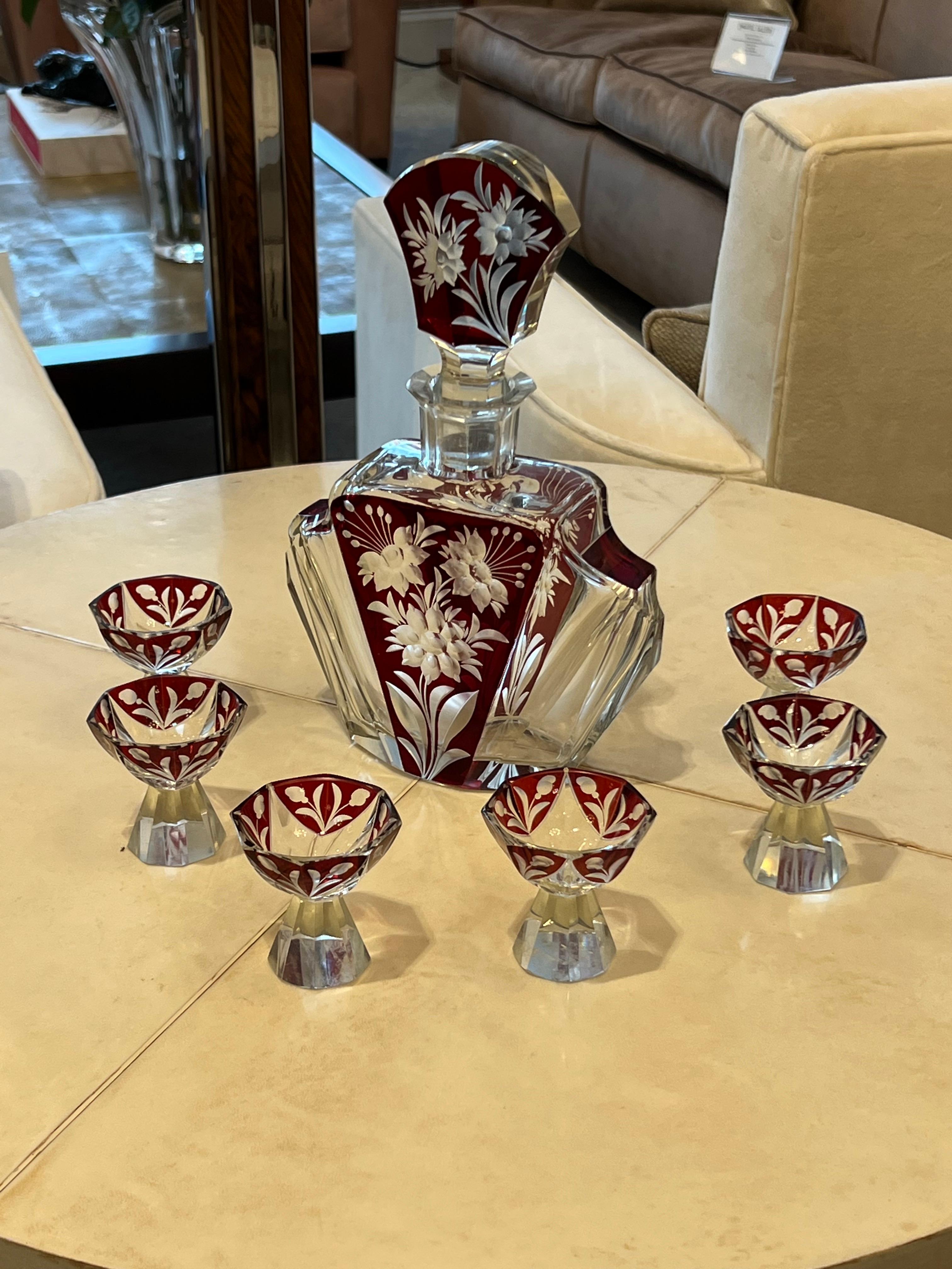 Enamel Art Deco Bohemian Glass Decanter Set For Sale