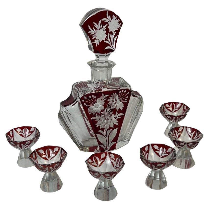 Art Deco Bohemian Glass Decanter Set For Sale