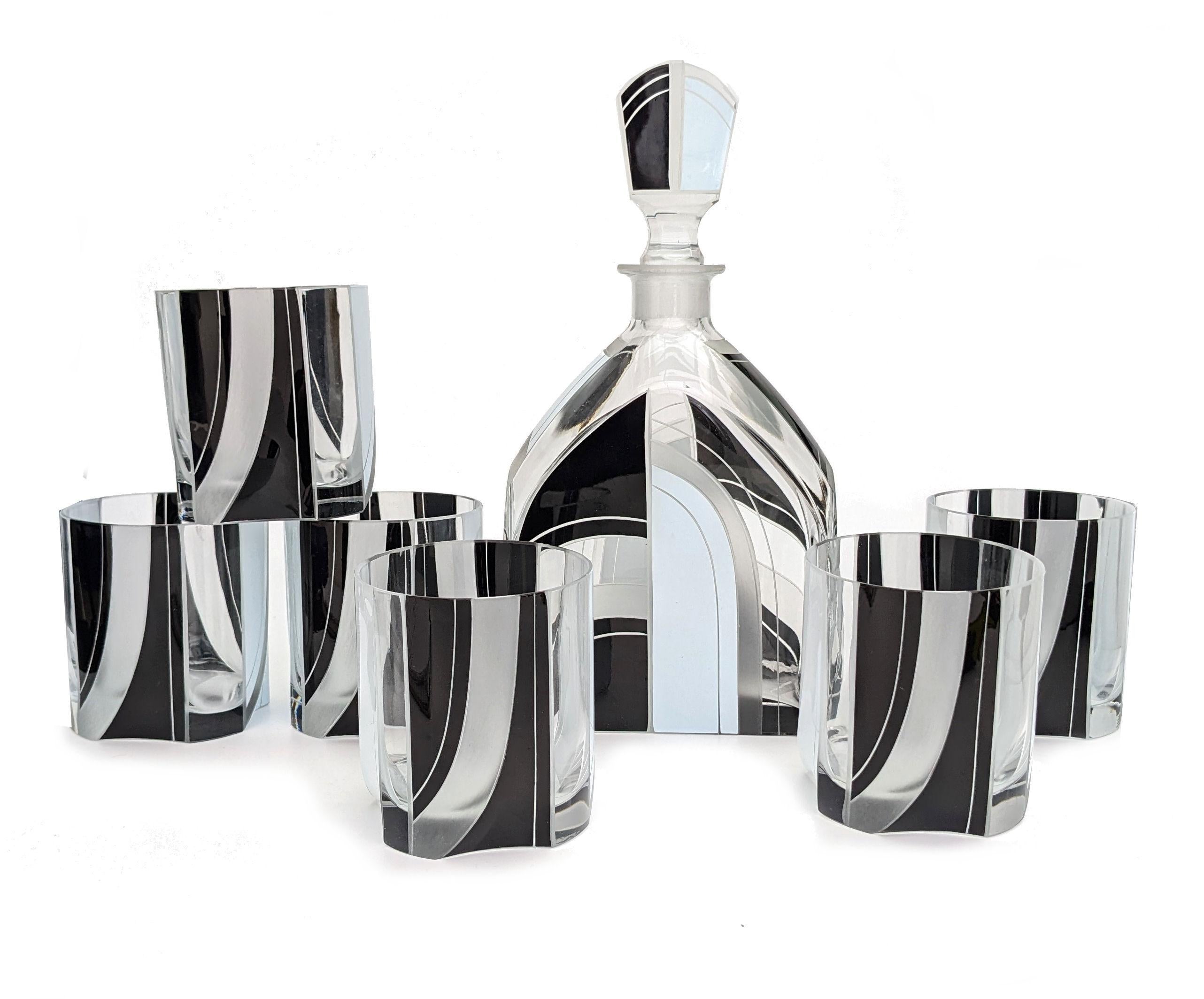 20th Century Art Deco Glass Decanter Set with 6 Matching Glasses, c1930 For Sale