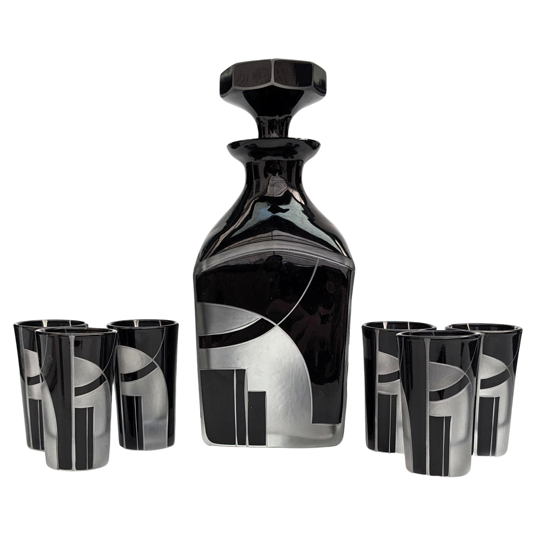 Art Deco Glass Decanter Set with 6 Matching Glasses, c1930