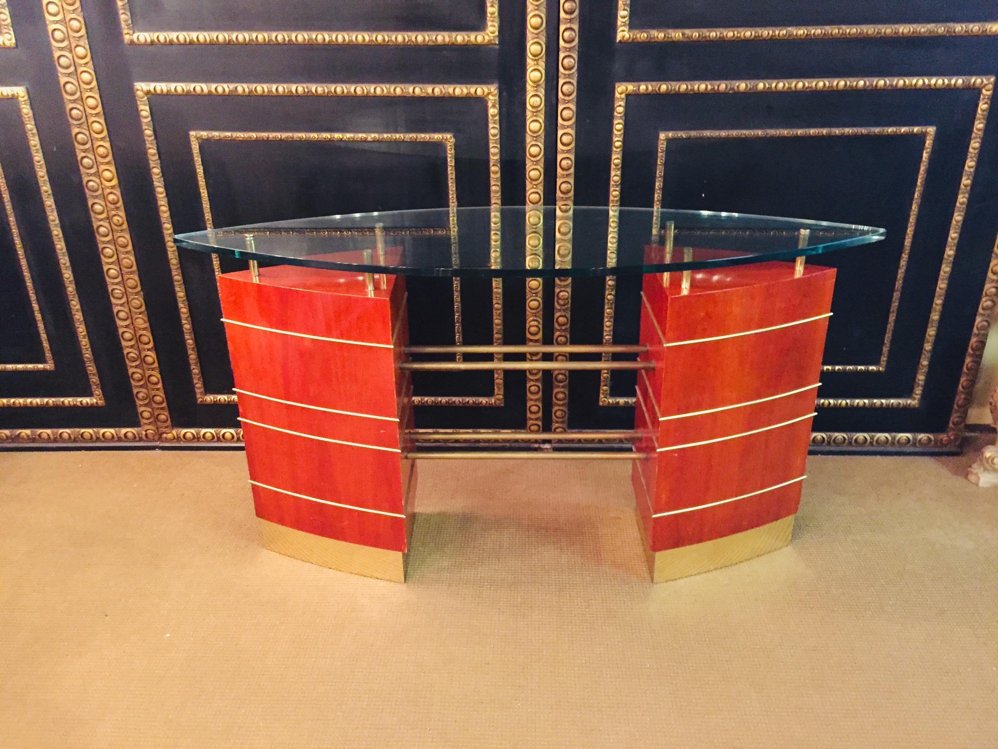20th Century Art Deco Glass Desk or Reception Table maple veneer