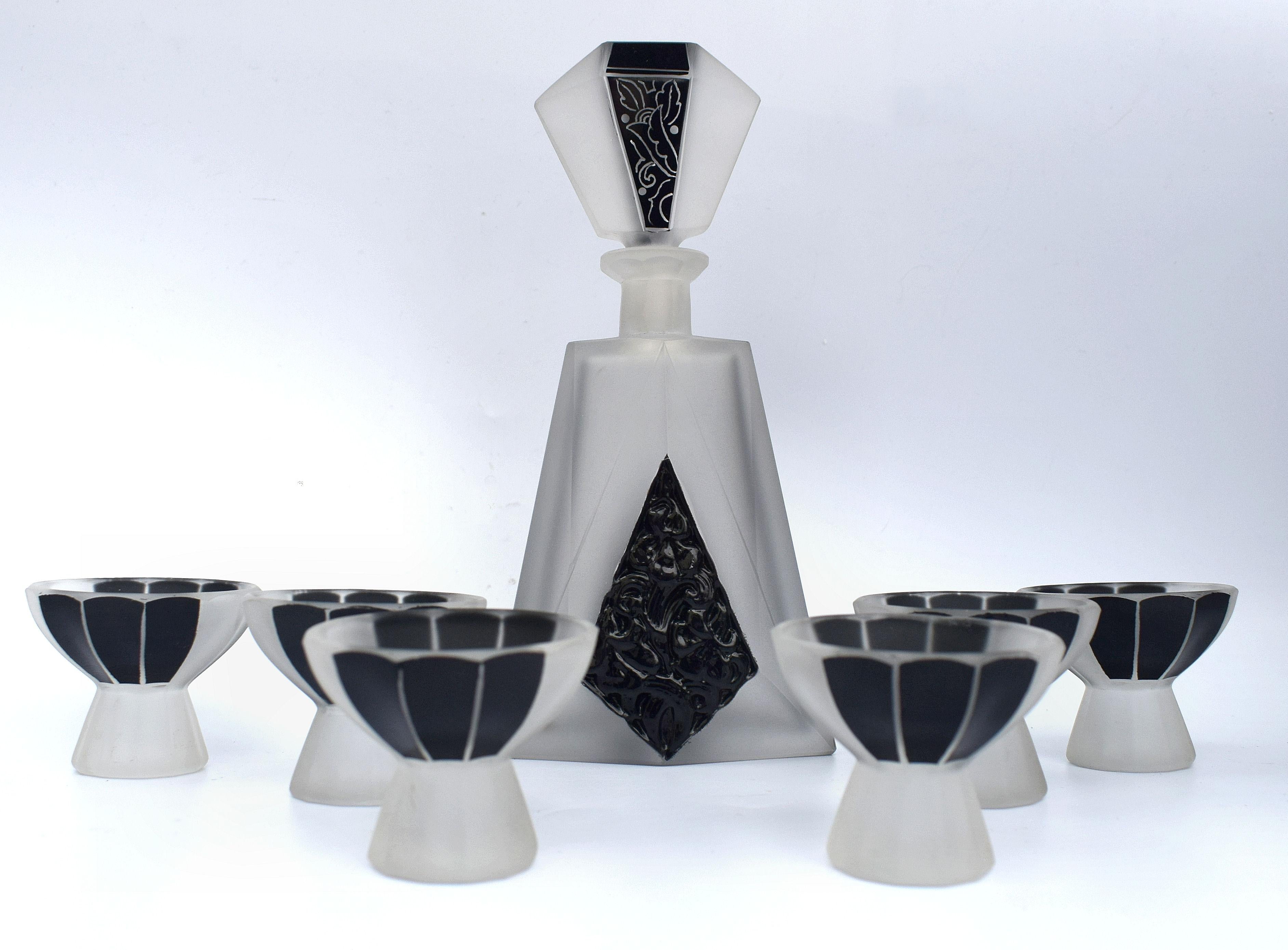 Art Deco Glass and Enamel Decanter Set, circa 1930 In Excellent Condition In Devon, England