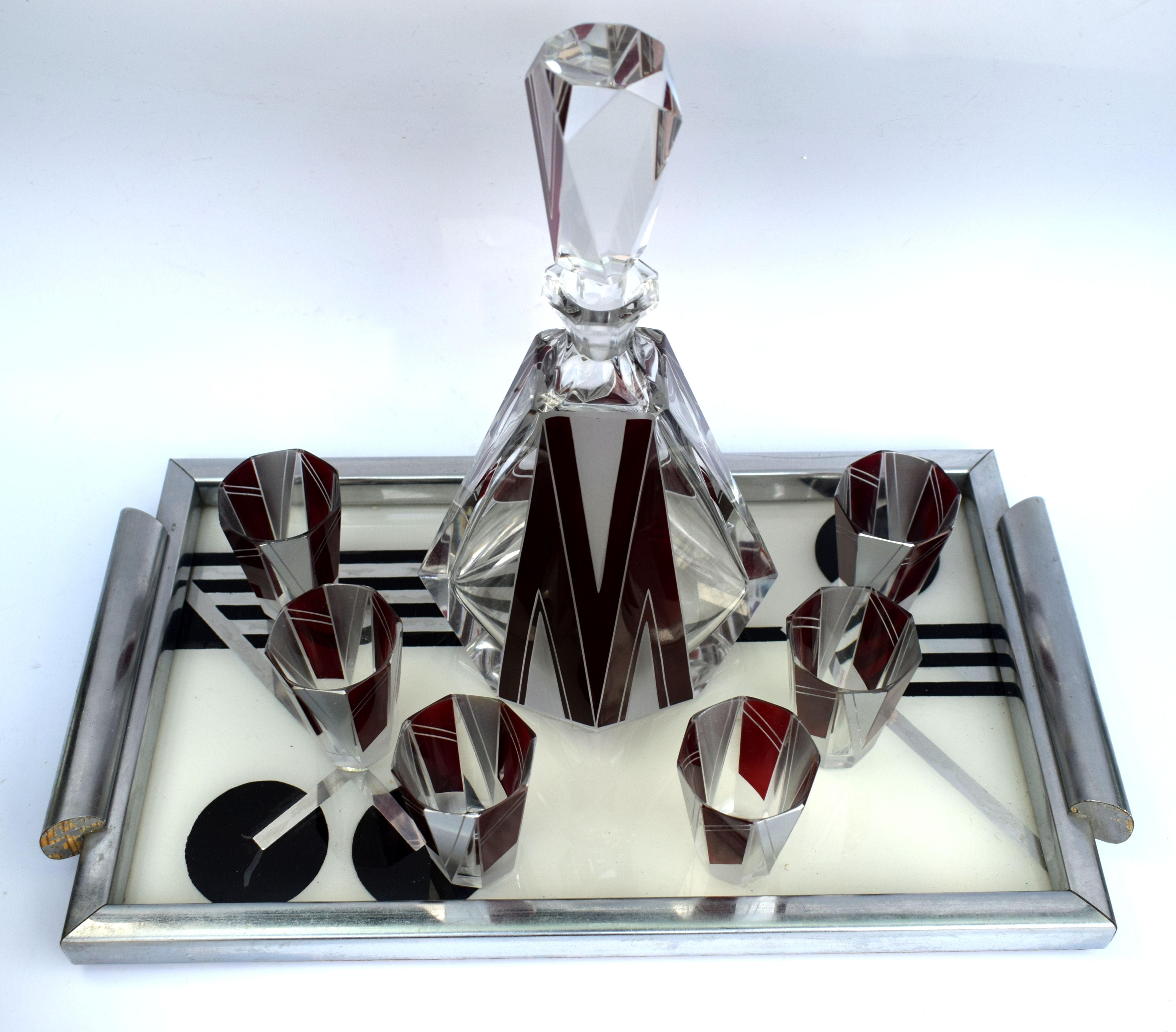 20th Century Art Deco Glass and Enamel Decanter Set, circa 1930