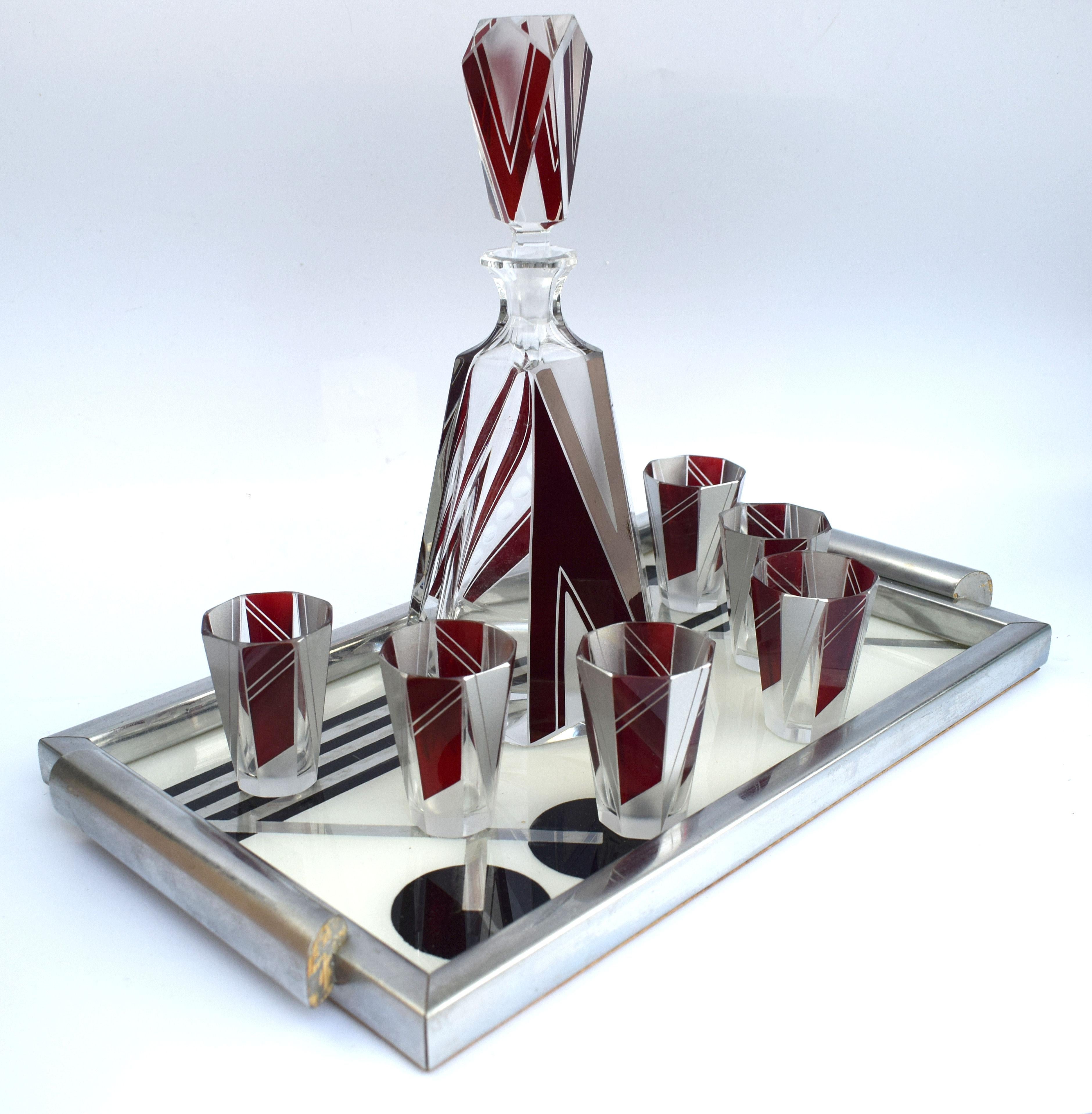 Art Deco Glass and Enamel Decanter Set, circa 1930 1