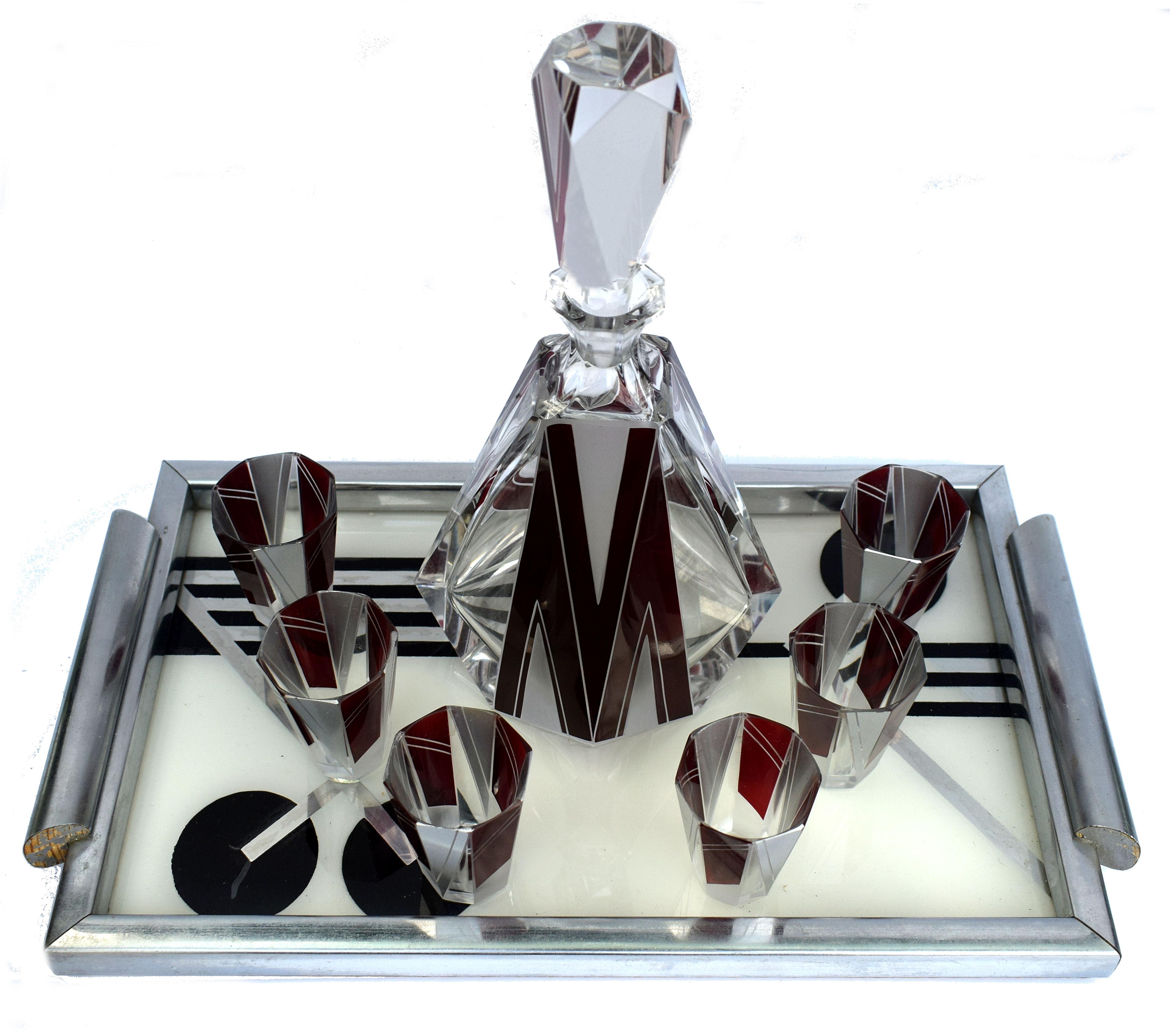 Art Deco Glass and Enamel Decanter Set, circa 1930 3
