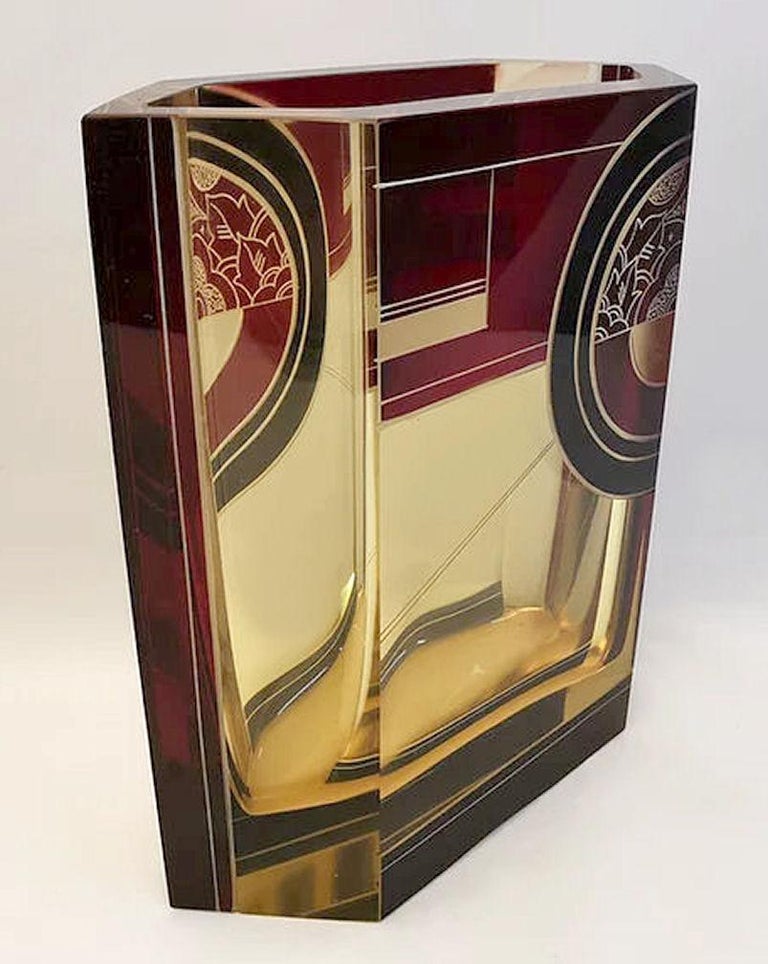 Czech Art Deco Glass & Enamel Etched Vase, c1930