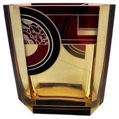 Art Deco Glass & Enamel Etched Vase, c1930